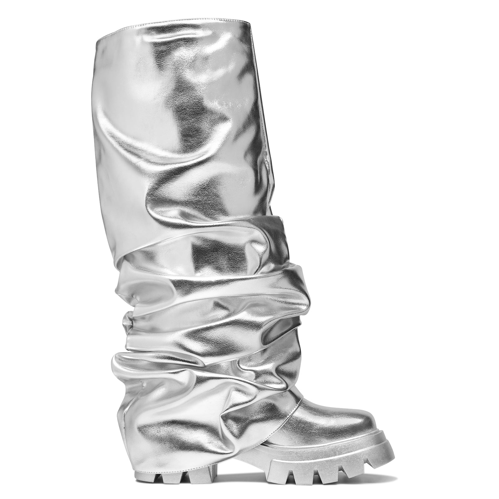 Women's Platform Round Toe Fold Over Boots Metallic Mid Calf Boots