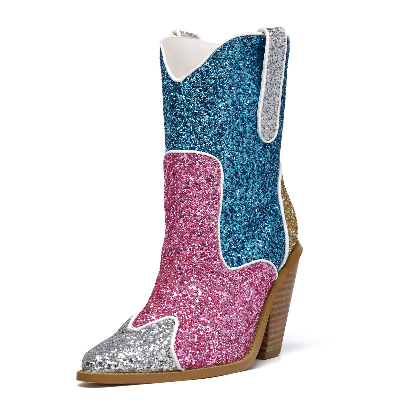 Colorful Glitter Sparkle Cowboy Boots for Women Pointy Toe Chunky High Heels Ankle Boots Fashion Wedding Dress Party Booties