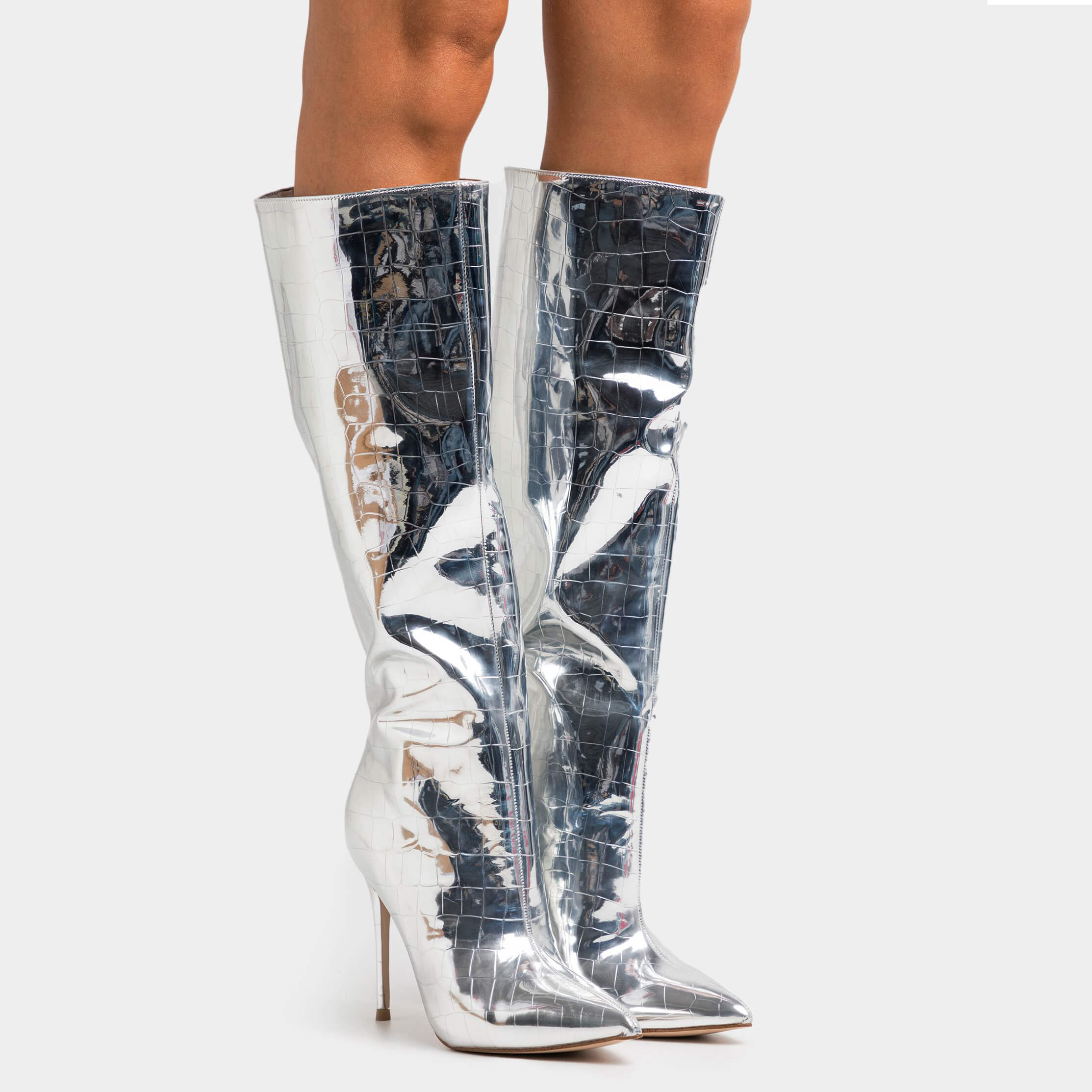 Mirror Metallic Knee High Boots for Women