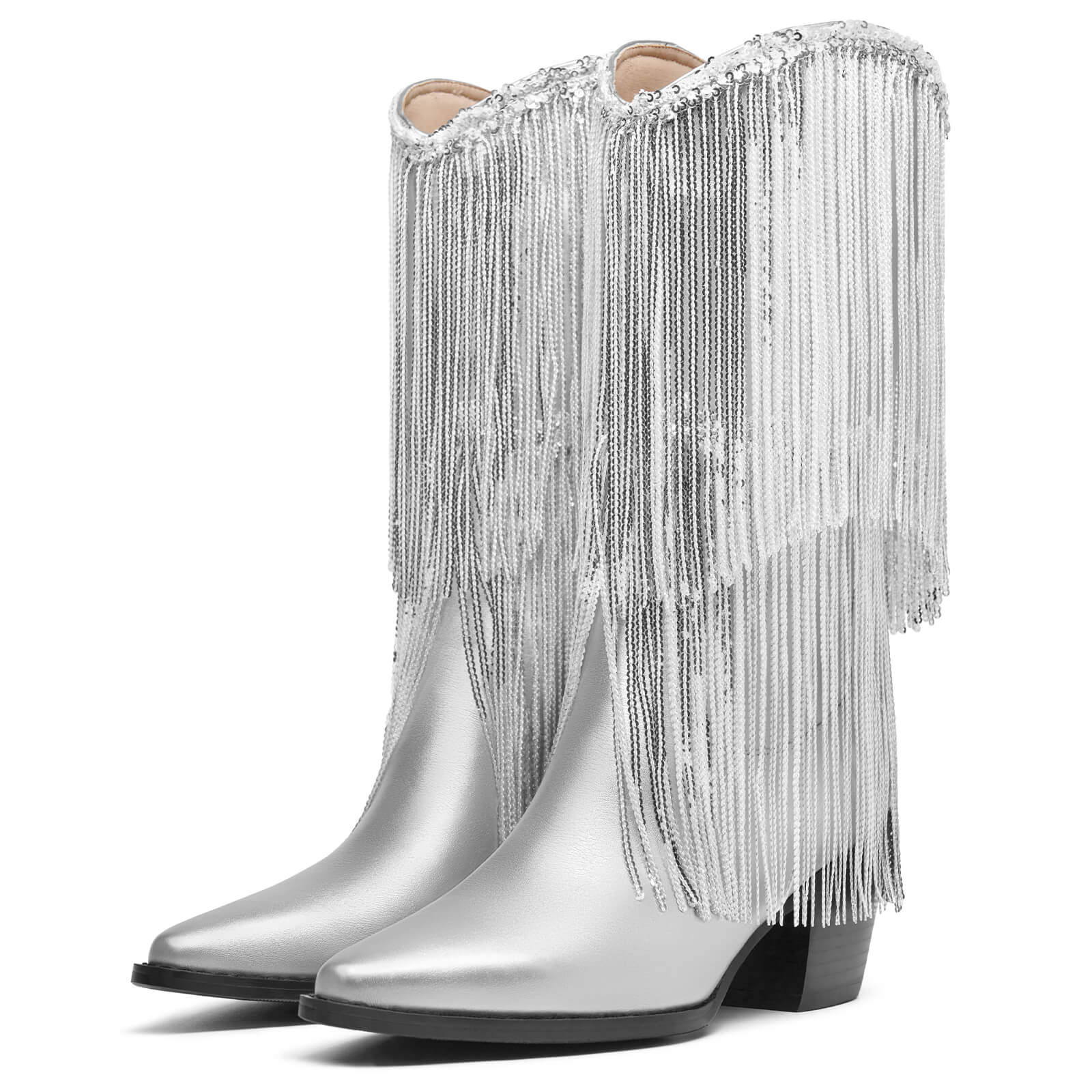 Women's Knee High Metallic Boots Cowgirl Mid-Calf Boots Sparky Fringe Pointed Toe Wide Calf Cowboy Boots Chunky Block Heel Party Western Boots