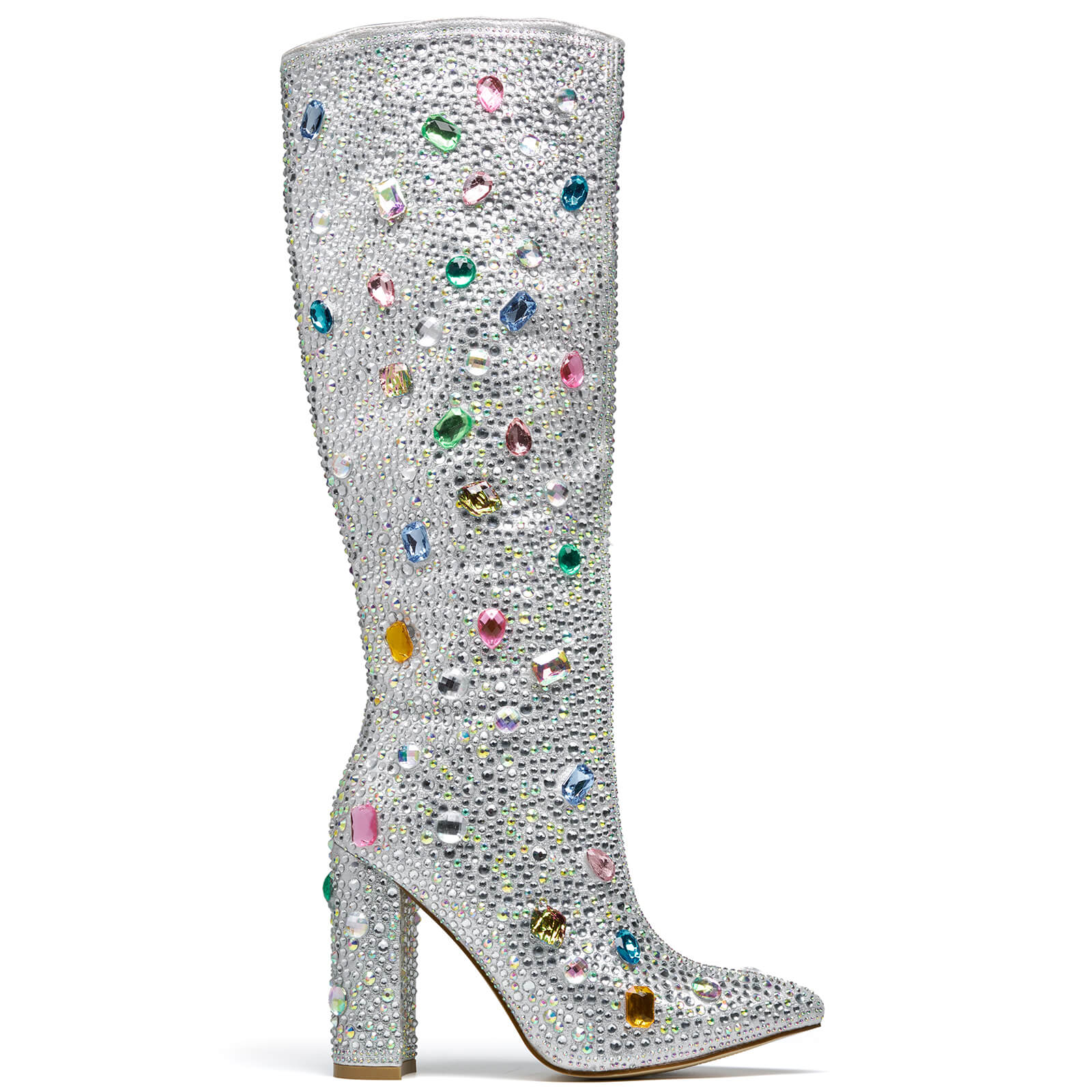 Women Pointed Toe Rhinestone Knee High Boots Block Heel Fashion Boots