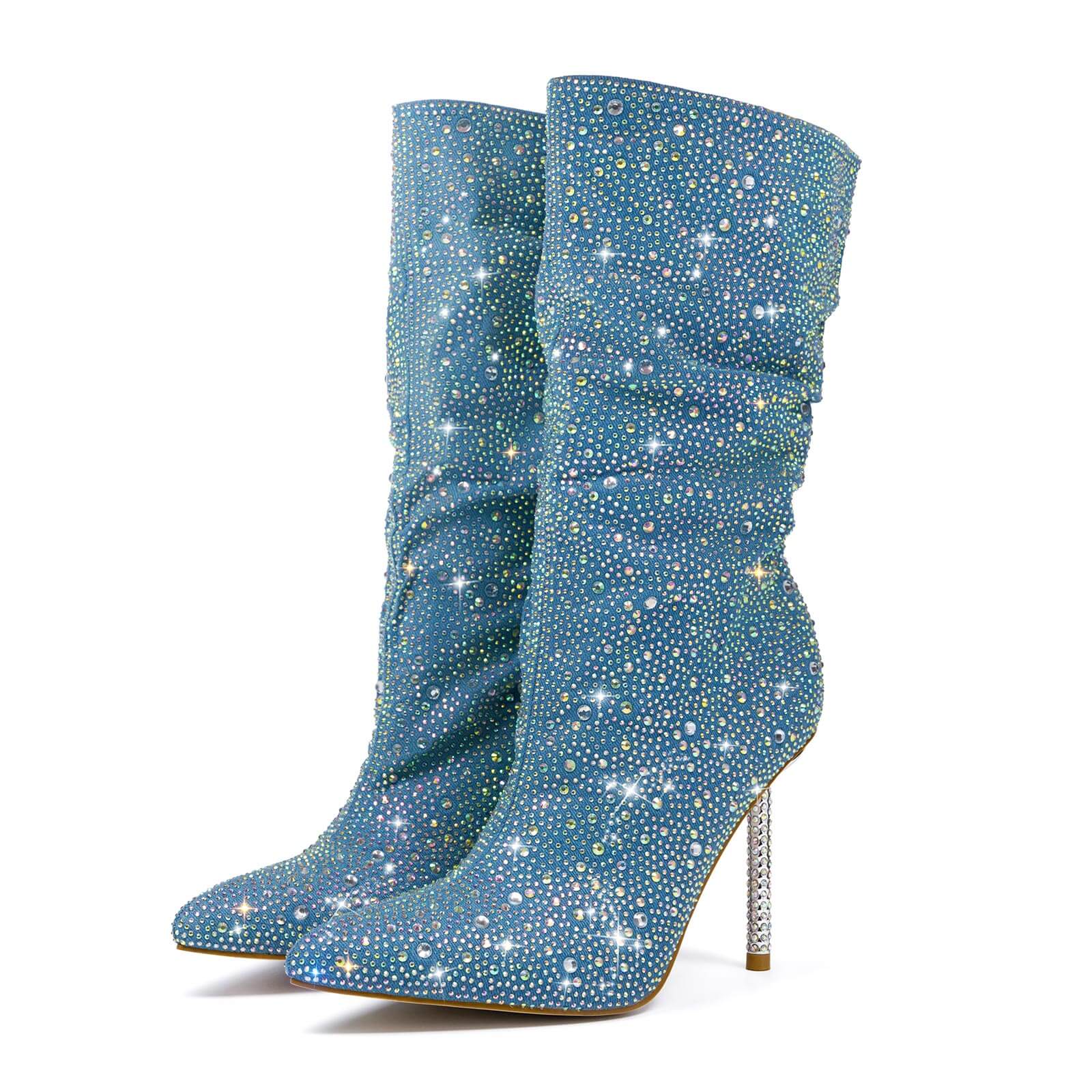 Women's Rhinestone Denim Mid Calf Slouchy Boots