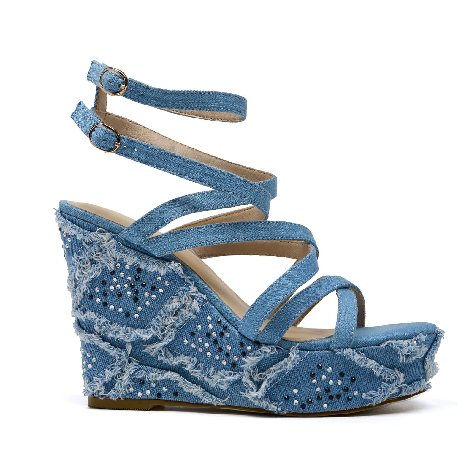Rhinestone Denim Espadrilles Wedge Sandals