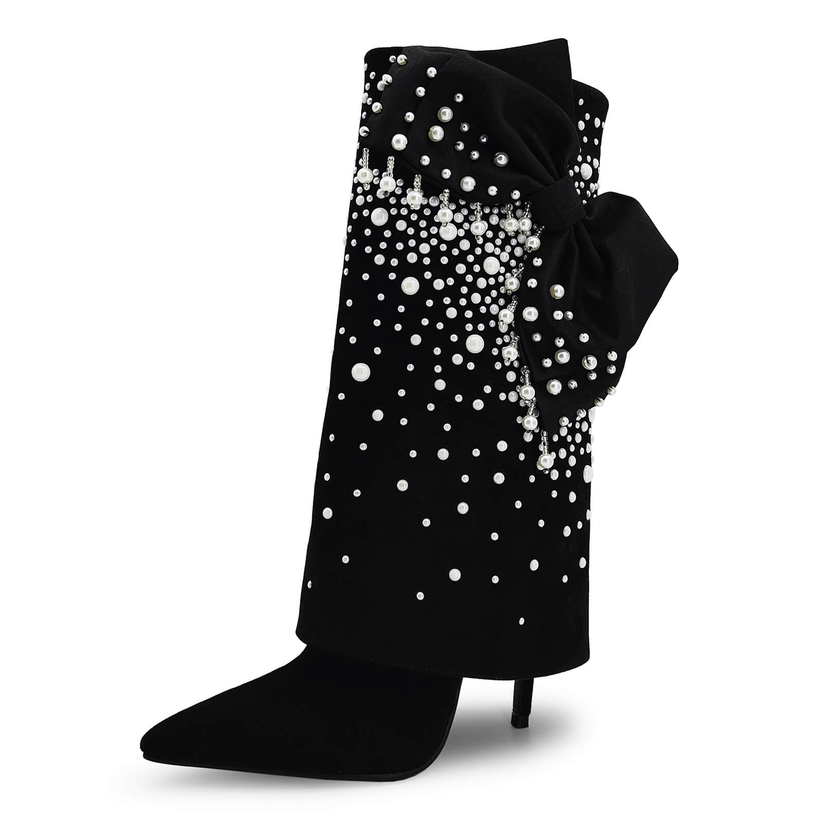 Women's Sparkly Pearls Stiletto Heels Boots Rhinestone suede Pointed Toe Zipper Mid Calf Folding Boots Sexy Party Wedding Boots