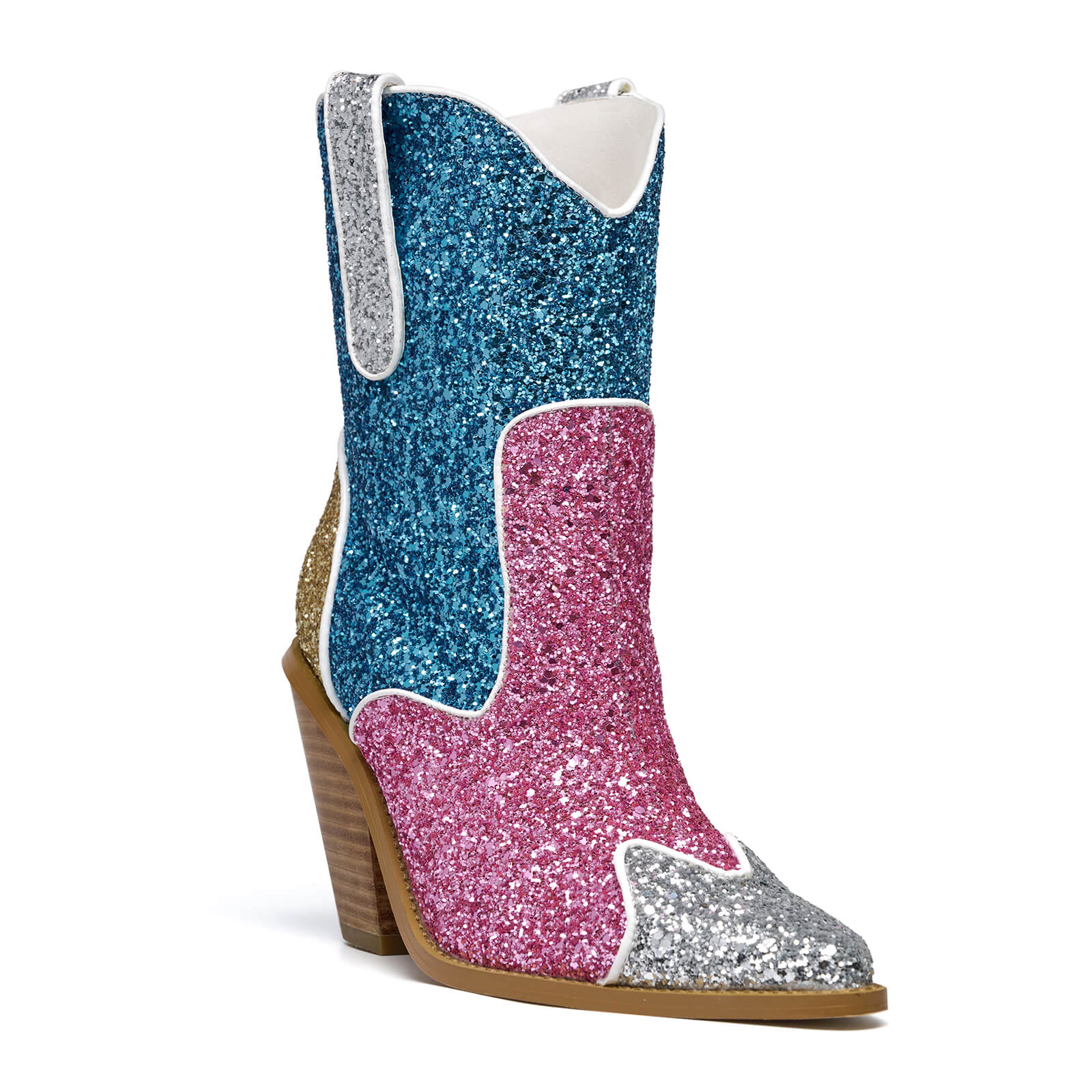 Colorful Glitter Sparkle Cowboy Boots for Women Pointy Toe Chunky High Heels Ankle Boots Fashion Wedding Dress Party Booties