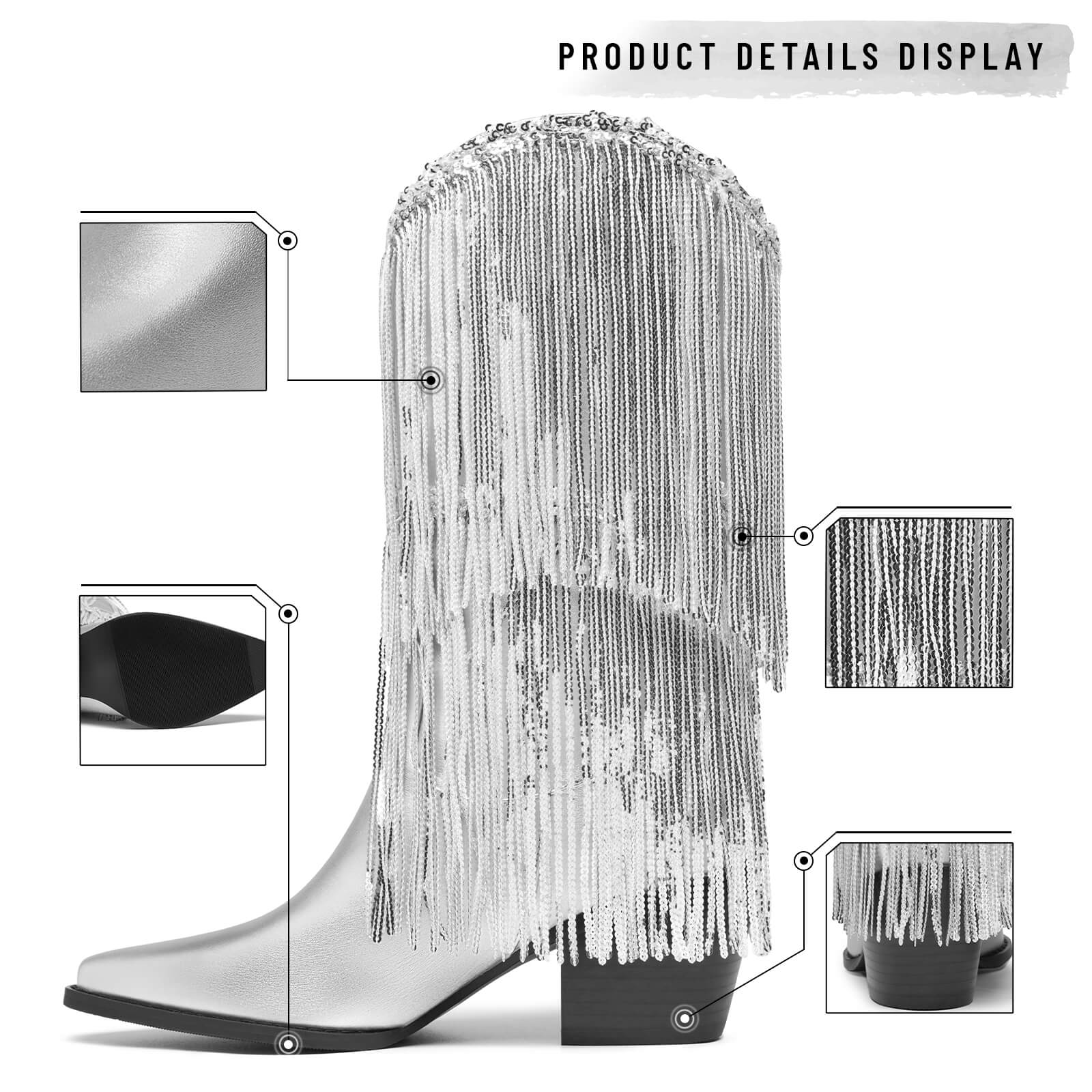 Women's Knee High Metallic Boots Cowgirl Mid-Calf Boots Sparky Fringe Pointed Toe Wide Calf Cowboy Boots Chunky Block Heel Party Western Boots