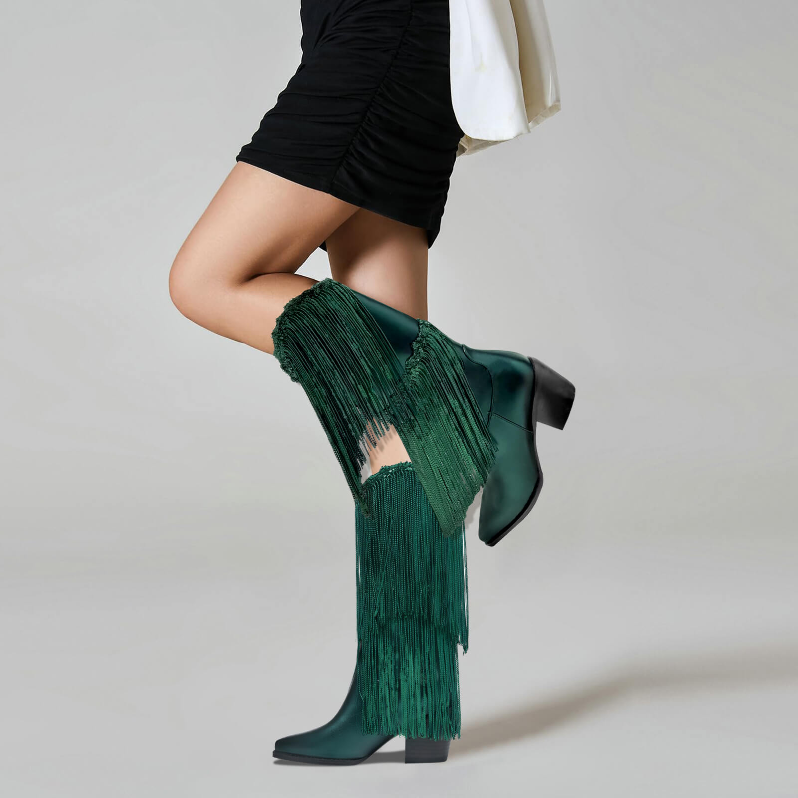 Women's Knee High Metallic Boots Cowgirl Mid-Calf Boots Sparky Fringe Pointed Toe Wide Calf Cowboy Boots Chunky Block Heel Party Western Boots