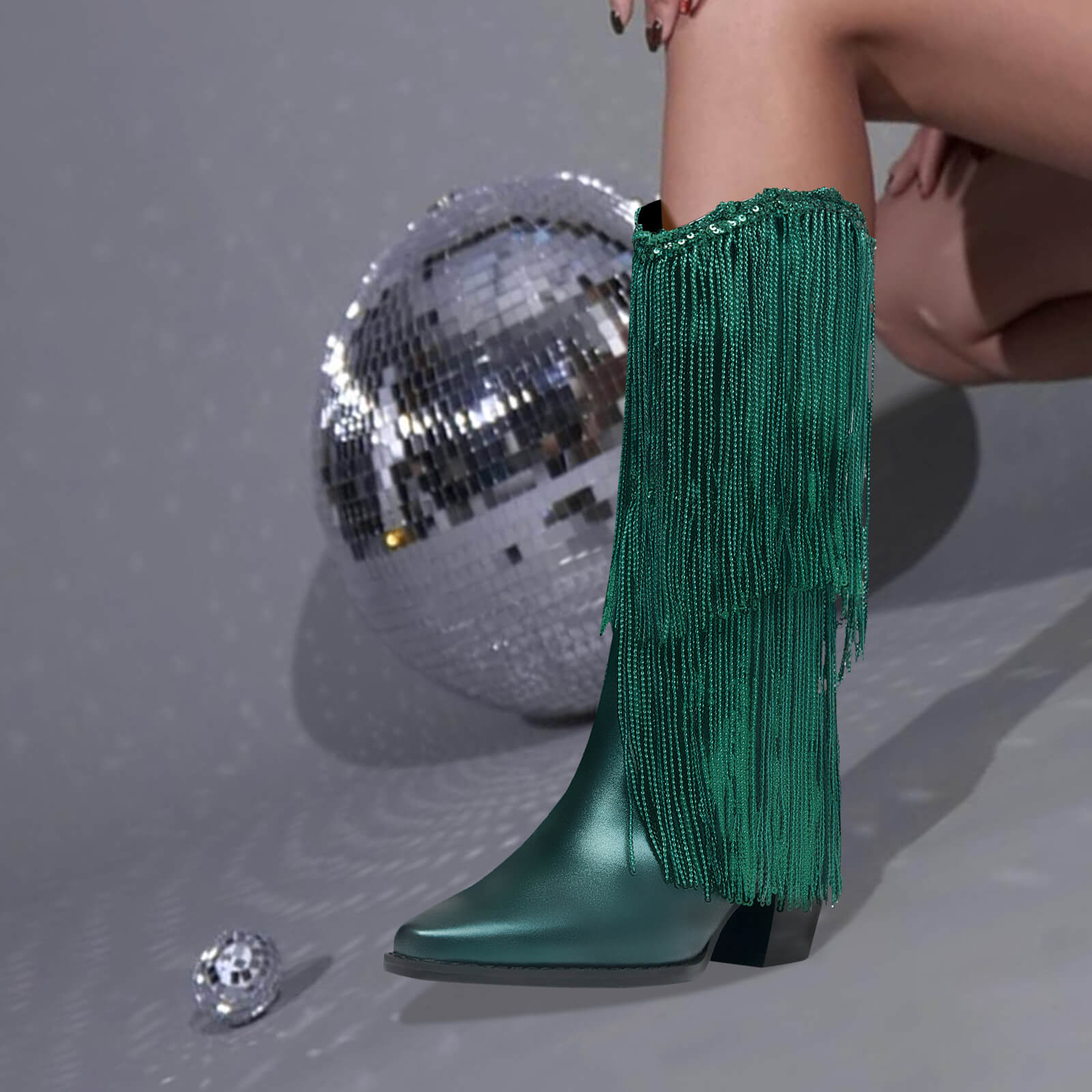Women's Knee High Metallic Boots Cowgirl Mid-Calf Boots Sparky Fringe Pointed Toe Wide Calf Cowboy Boots Chunky Block Heel Party Western Boots