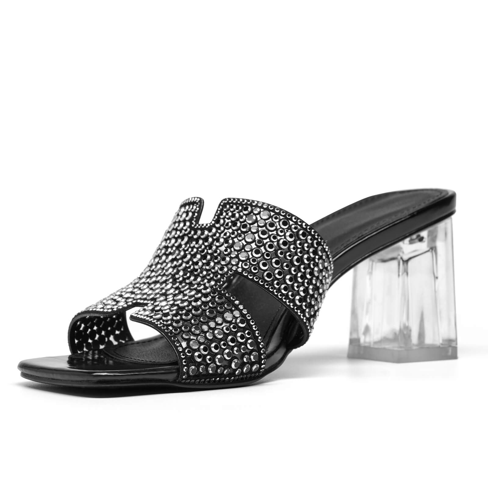 Rhinestones Block Heels Clear Low Heel Chunky Mules Sandals