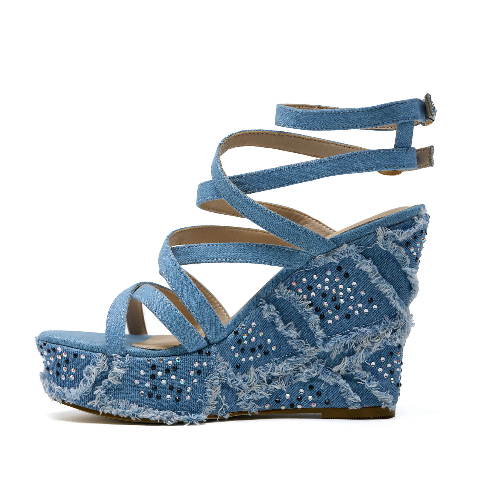 Rhinestone Denim Espadrilles Wedge Sandals