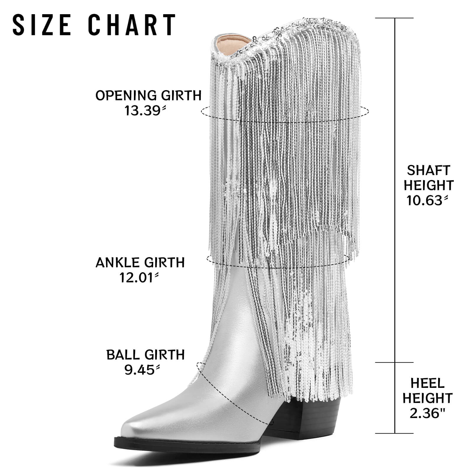 Women's Knee High Metallic Boots Cowgirl Mid-Calf Boots Sparky Fringe Pointed Toe Wide Calf Cowboy Boots Chunky Block Heel Party Western Boots