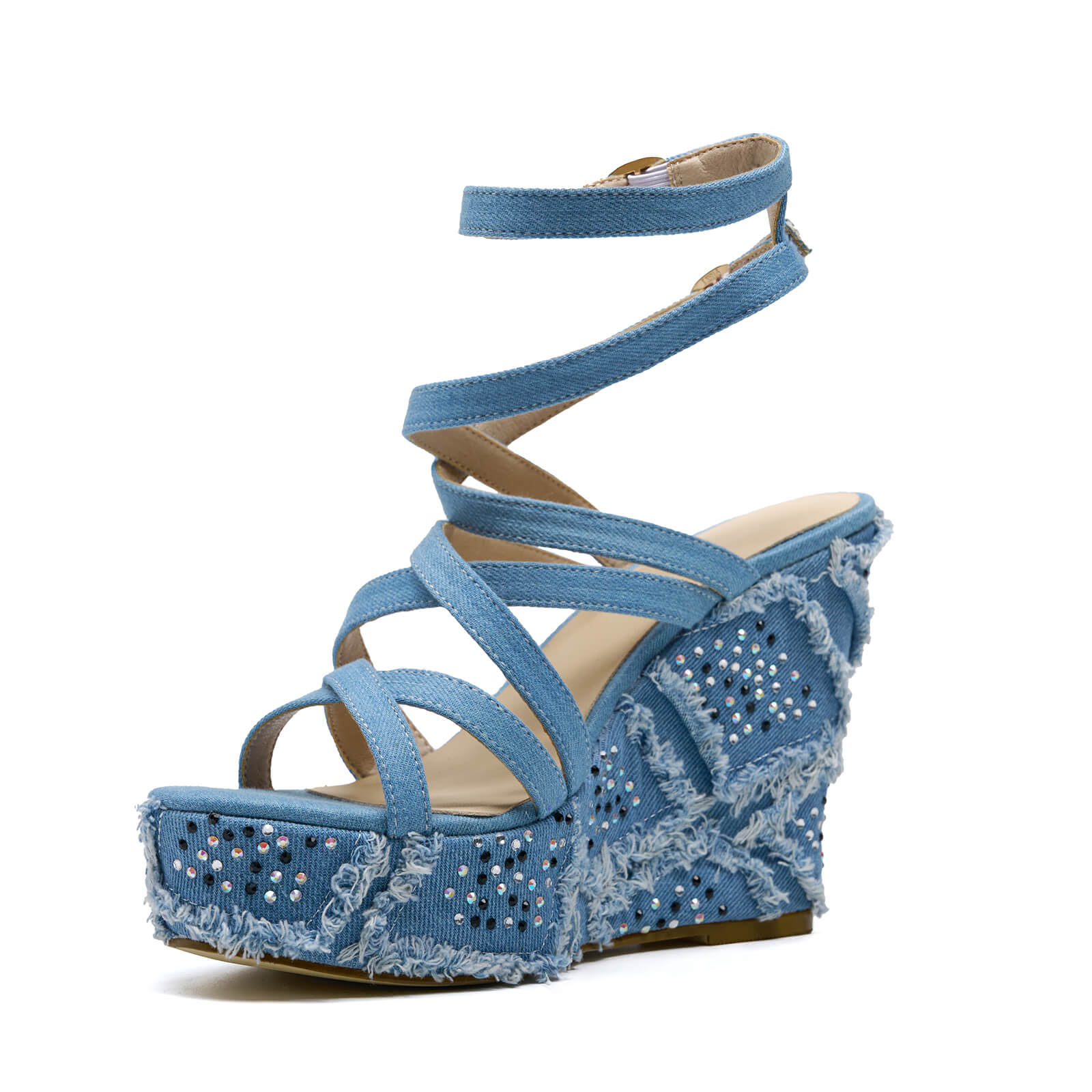 Rhinestone Denim Espadrilles Wedge Sandals