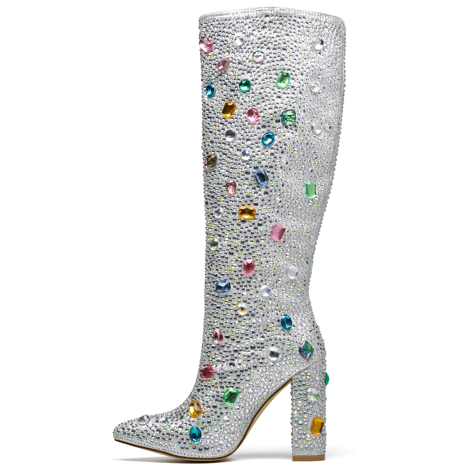 Women Pointed Toe Rhinestone Knee High Boots Block Heel Fashion Boots