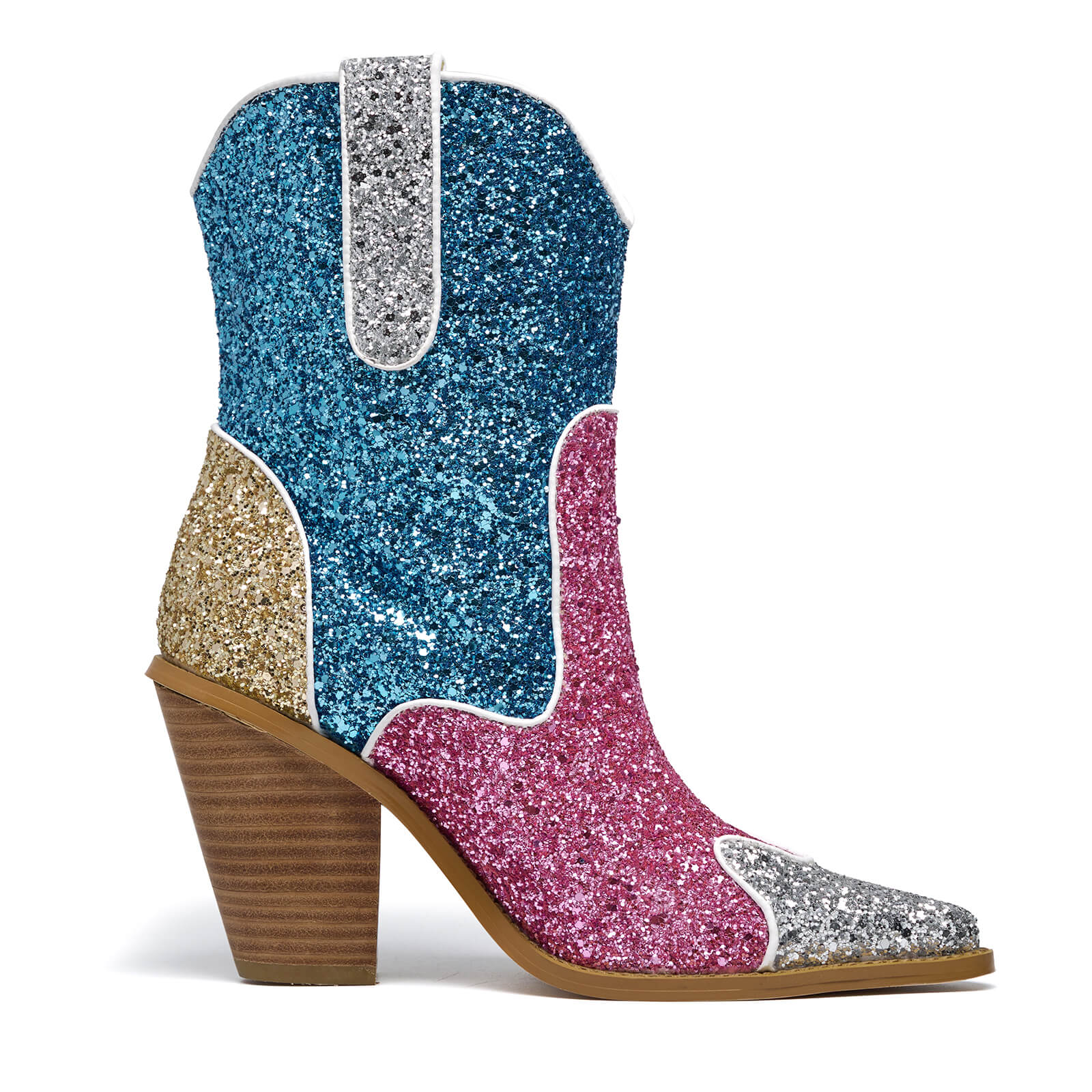 Colorful Glitter Sparkle Cowboy Boots for Women Pointy Toe Chunky High Heels Ankle Boots Fashion Wedding Dress Party Booties