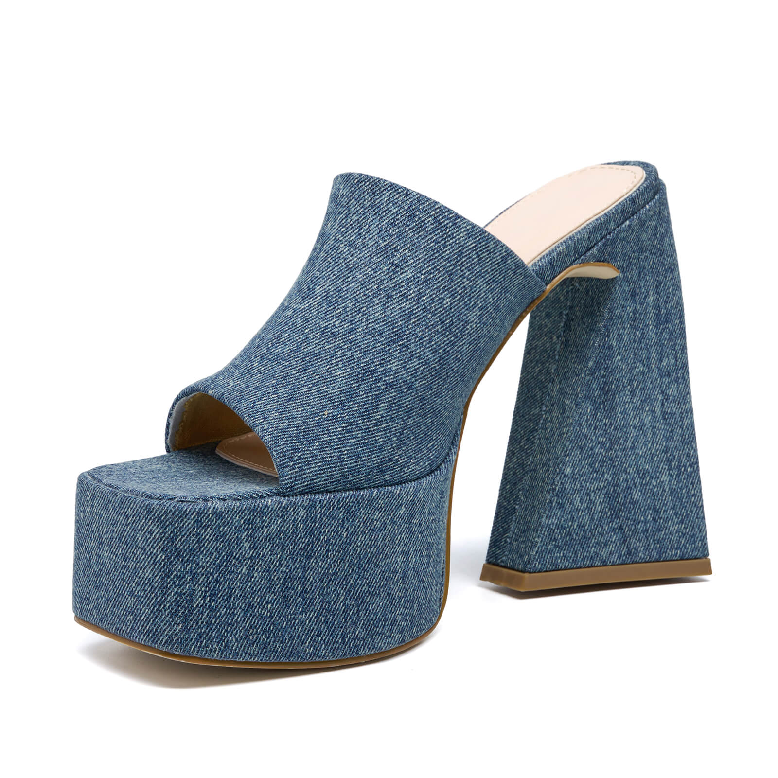 Women's Denim Open Toe Platform Block Heel Slides Sandals