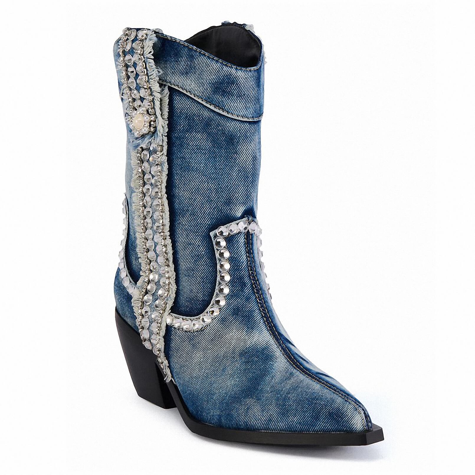 Women Denim Cowboy Mid Calf Boots