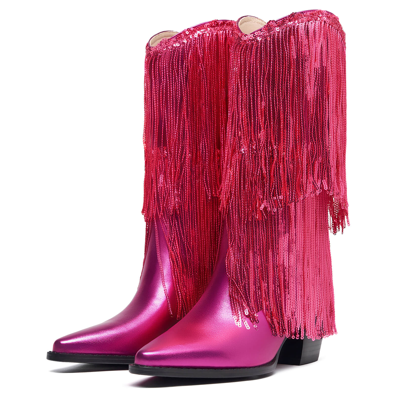 Women's Knee High Metallic Boots Cowgirl Mid-Calf Boots Sparky Fringe Pointed Toe Wide Calf Cowboy Boots Chunky Block Heel Party Western Boots
