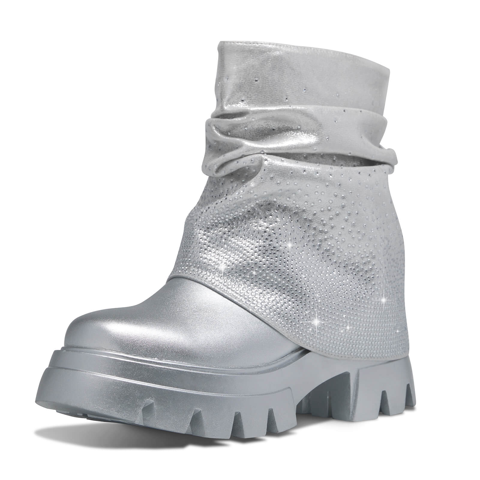 Women's Silver Rhinestone Round Toe Fold Over Boots