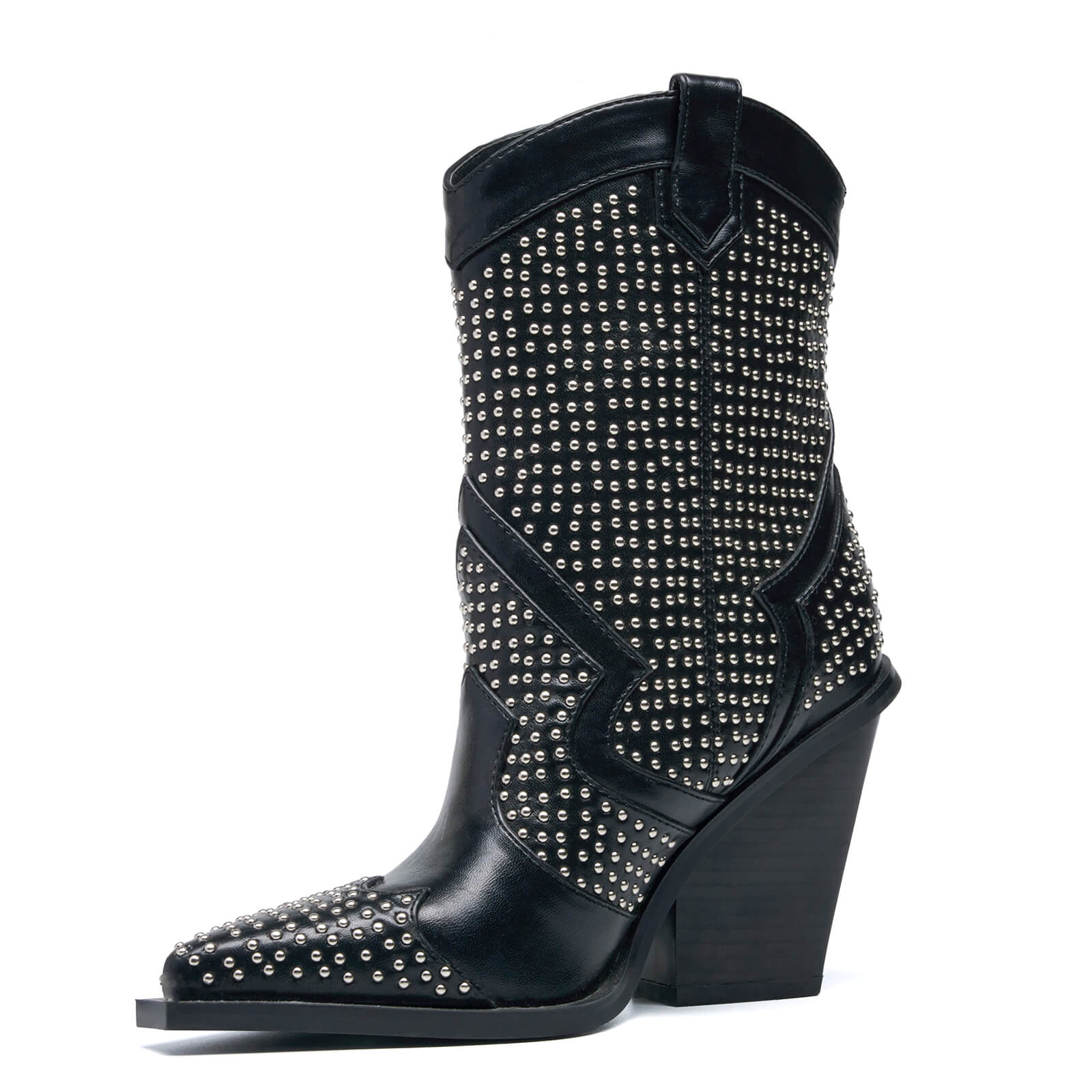 Women Vintage Studded Cowboy Mid Calf Boots