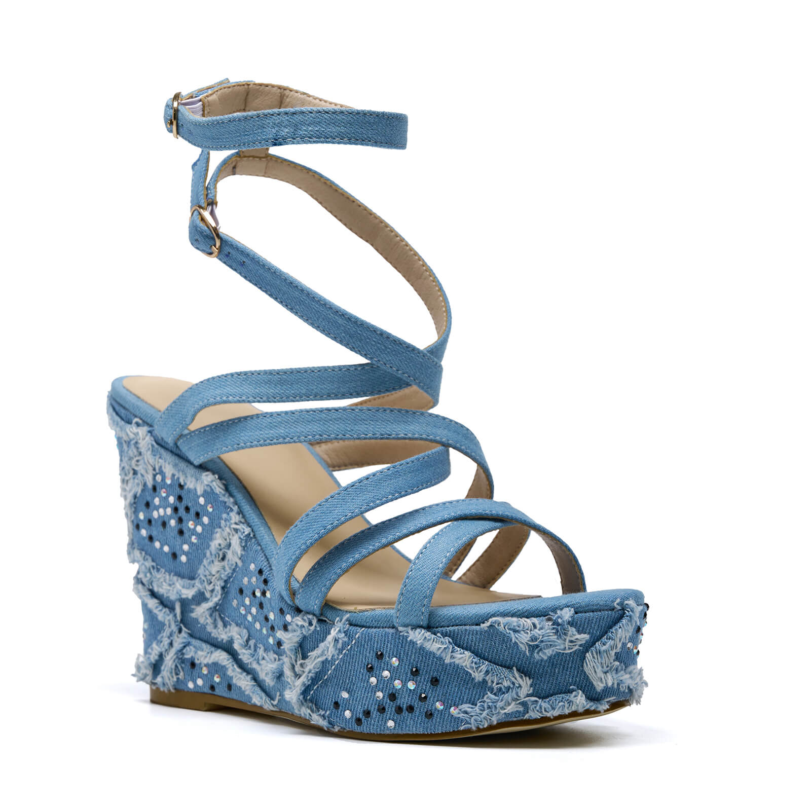 Rhinestone Denim Espadrilles Wedge Sandals