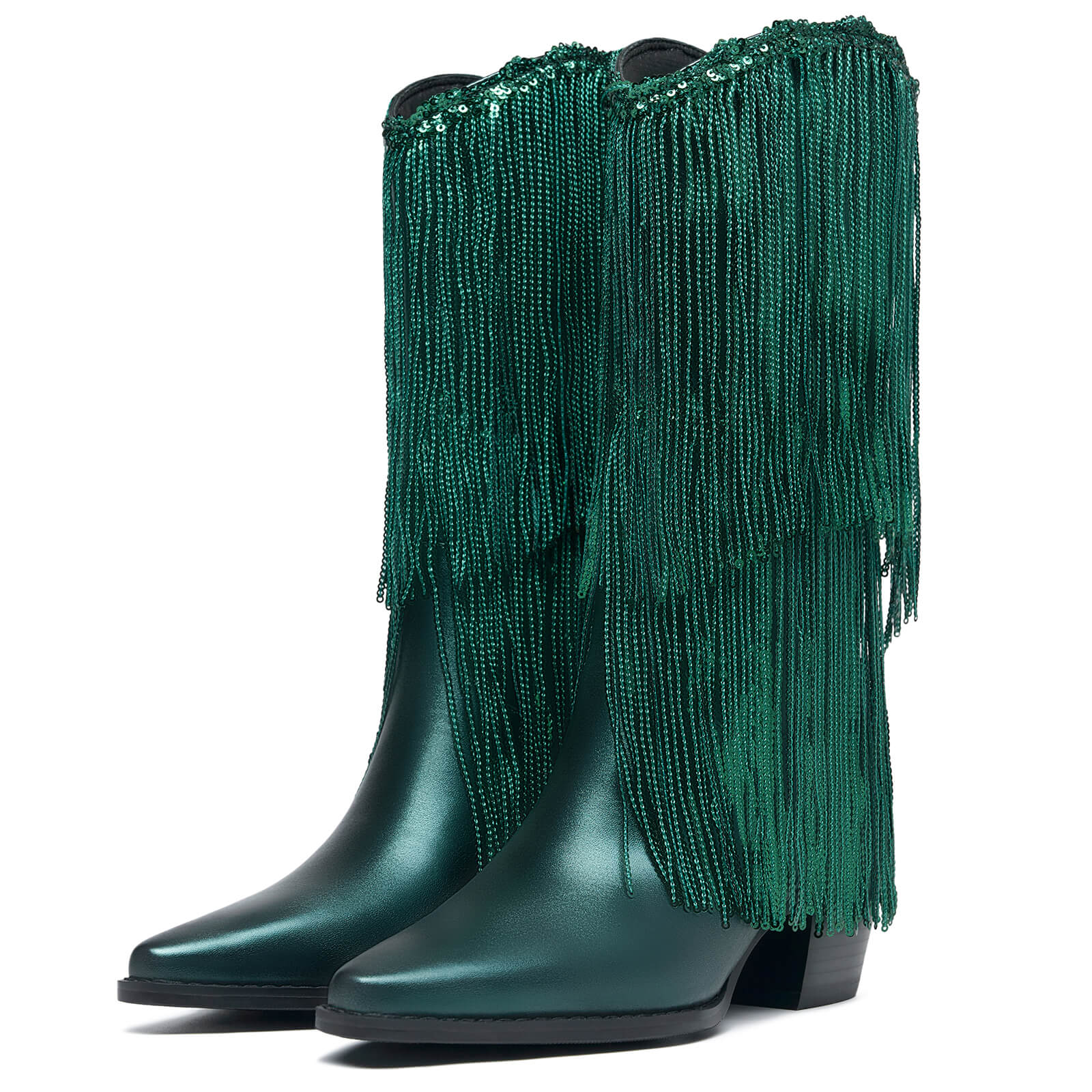 Women's Knee High Metallic Boots Cowgirl Mid-Calf Boots Sparky Fringe Pointed Toe Wide Calf Cowboy Boots Chunky Block Heel Party Western Boots
