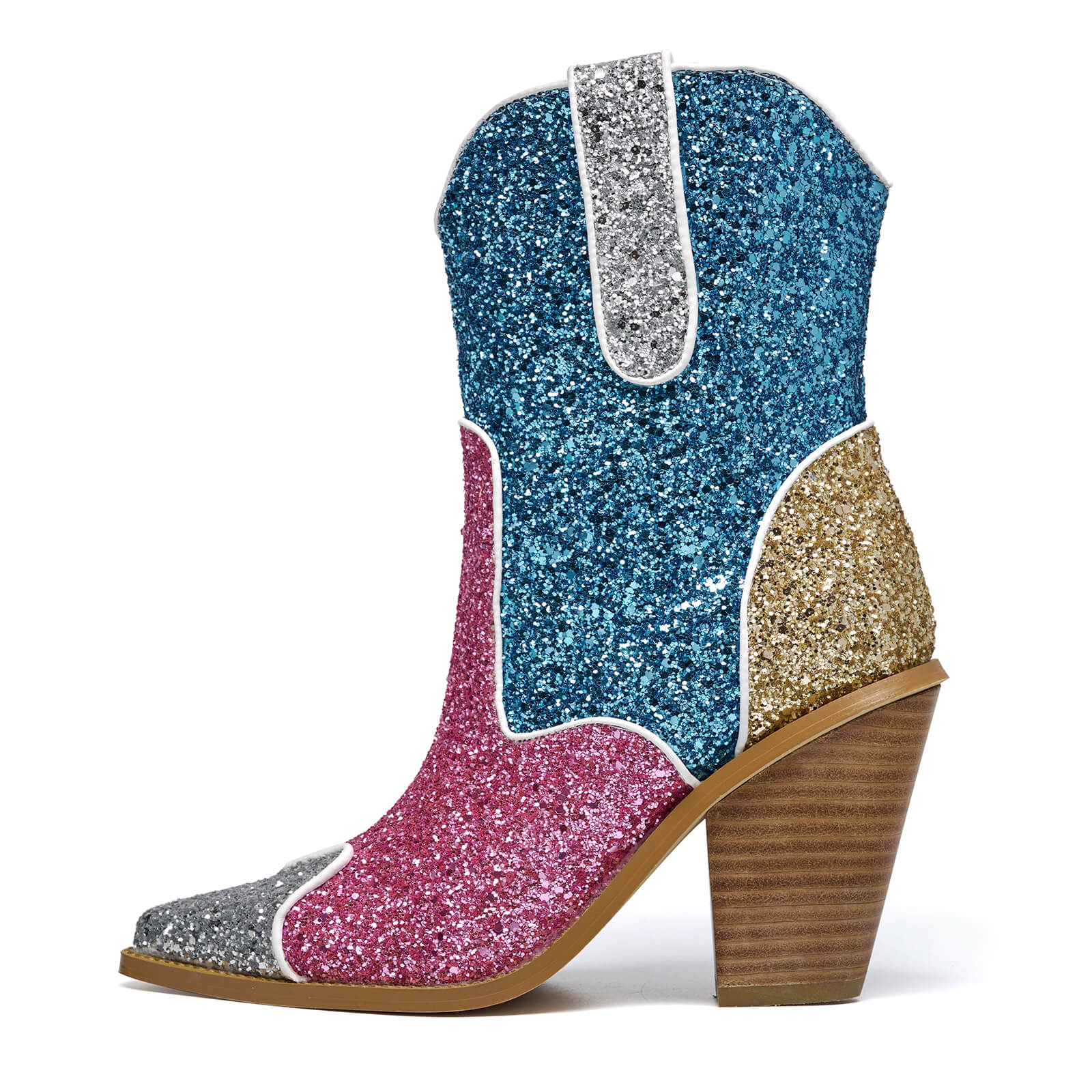 Colorful Glitter Sparkle Cowboy Boots for Women Pointy Toe Chunky High Heels Ankle Boots Fashion Wedding Dress Party Booties