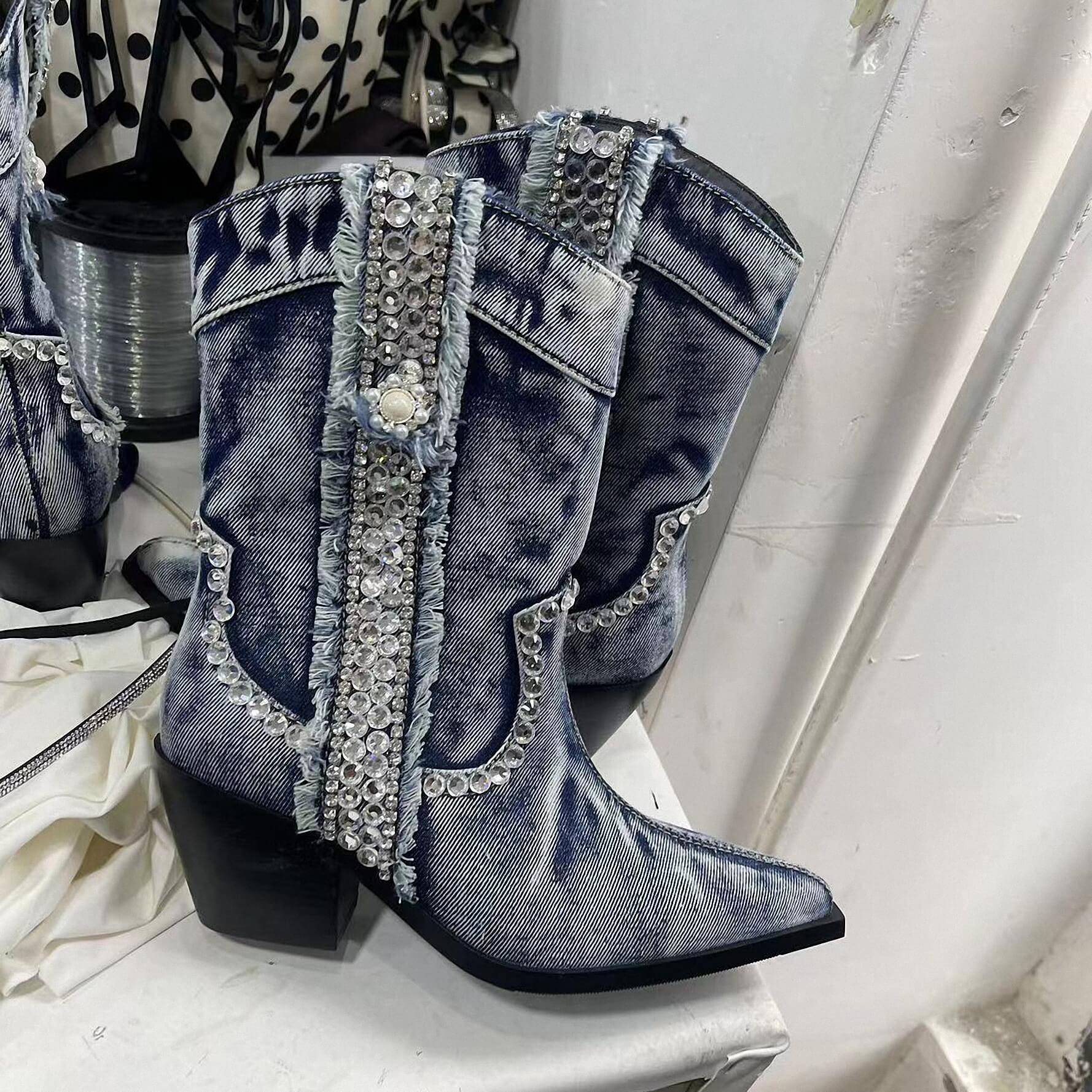 Women Denim Cowboy Mid Calf Boots
