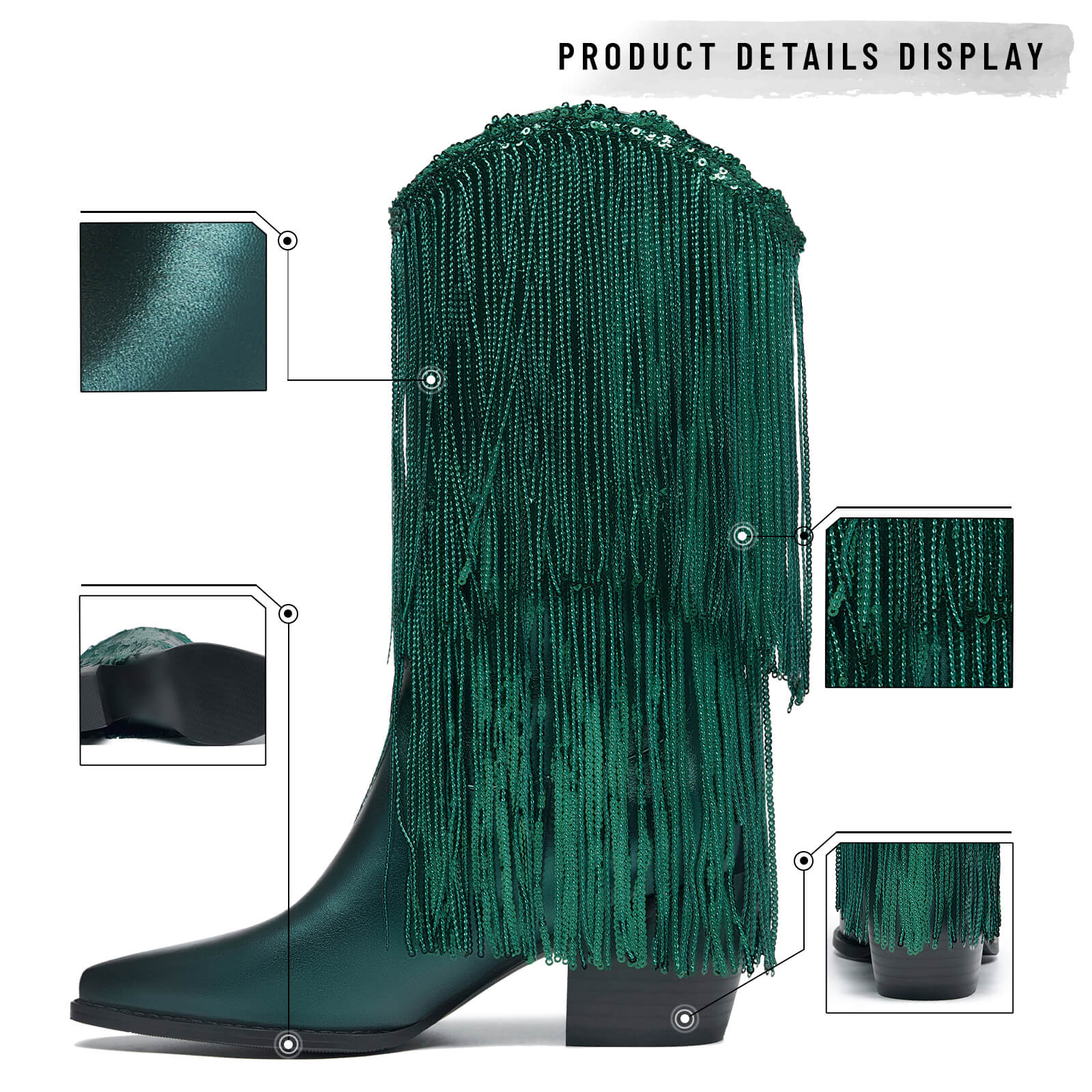Women's Knee High Metallic Boots Cowgirl Mid-Calf Boots Sparky Fringe Pointed Toe Wide Calf Cowboy Boots Chunky Block Heel Party Western Boots