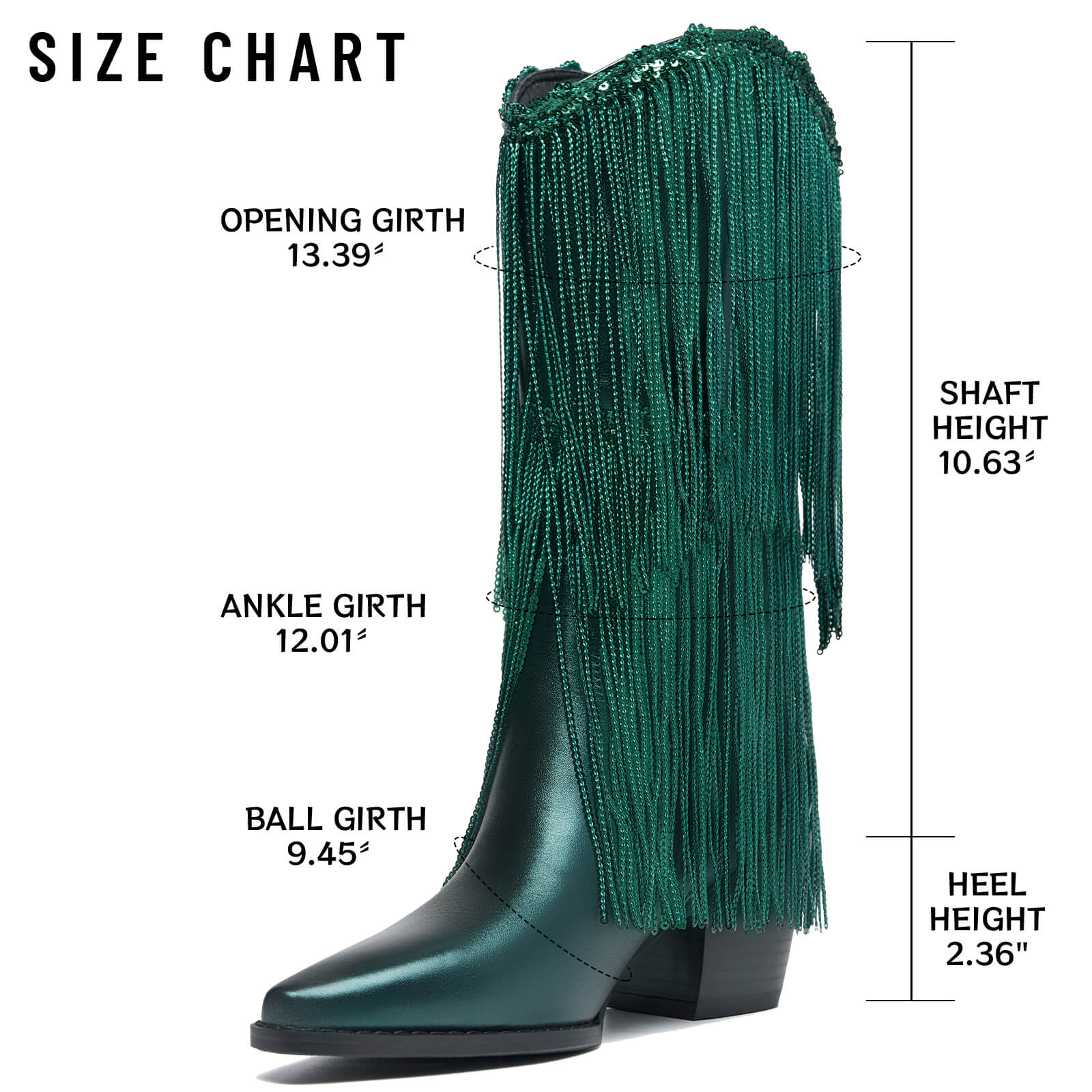 Women's Knee High Metallic Boots Cowgirl Mid-Calf Boots Sparky Fringe Pointed Toe Wide Calf Cowboy Boots Chunky Block Heel Party Western Boots