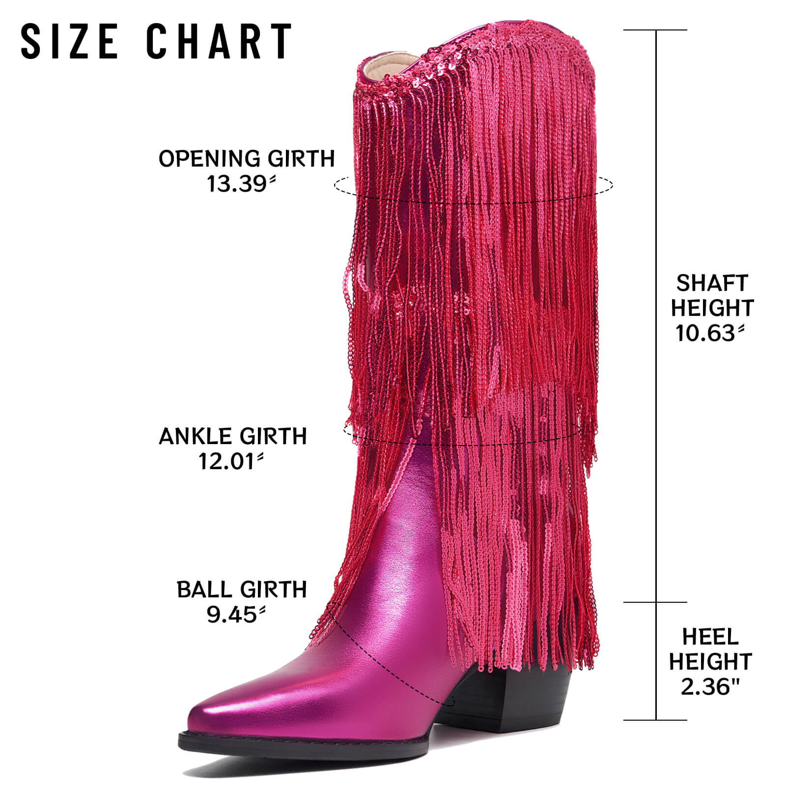 Women's Knee High Metallic Boots Cowgirl Mid-Calf Boots Sparky Fringe Pointed Toe Wide Calf Cowboy Boots Chunky Block Heel Party Western Boots