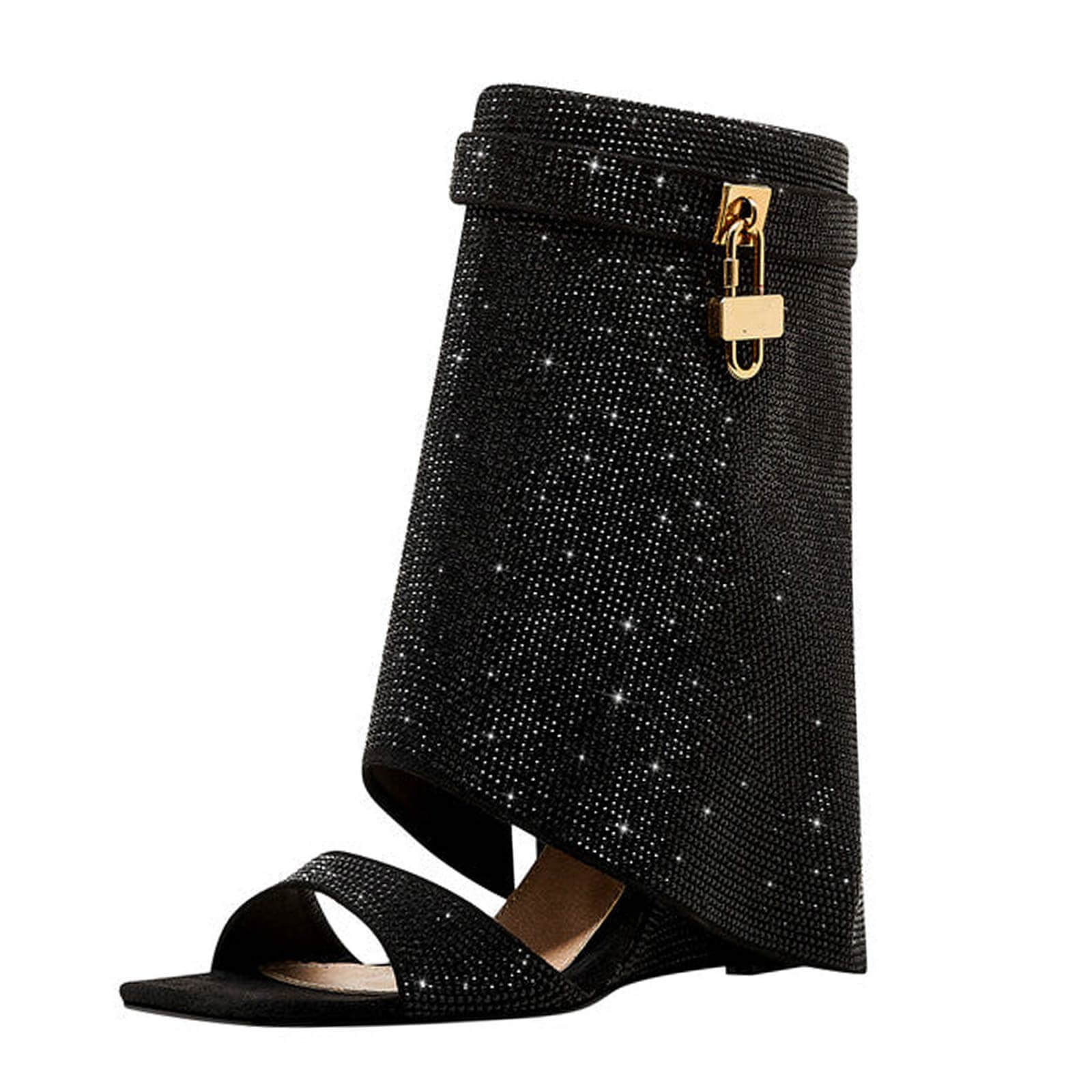 Women's Rhinestones Fold Over Shark Lock Boots