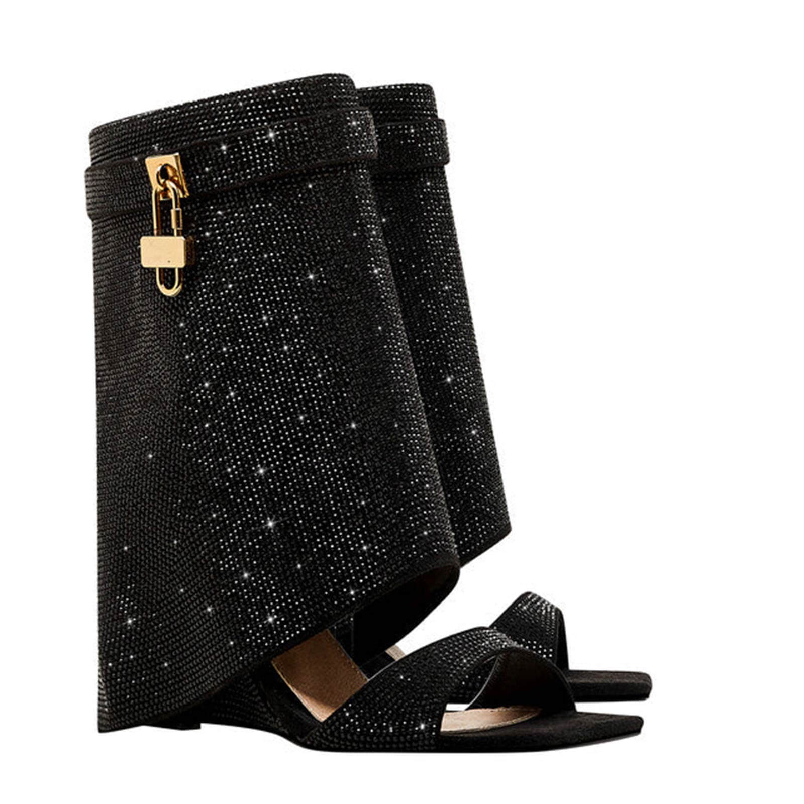 Women's Rhinestones Fold Over Shark Lock Boots