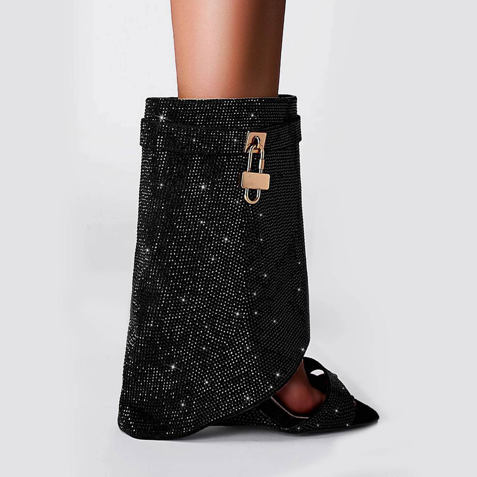 Women's Rhinestones Fold Over Shark Lock Boots
