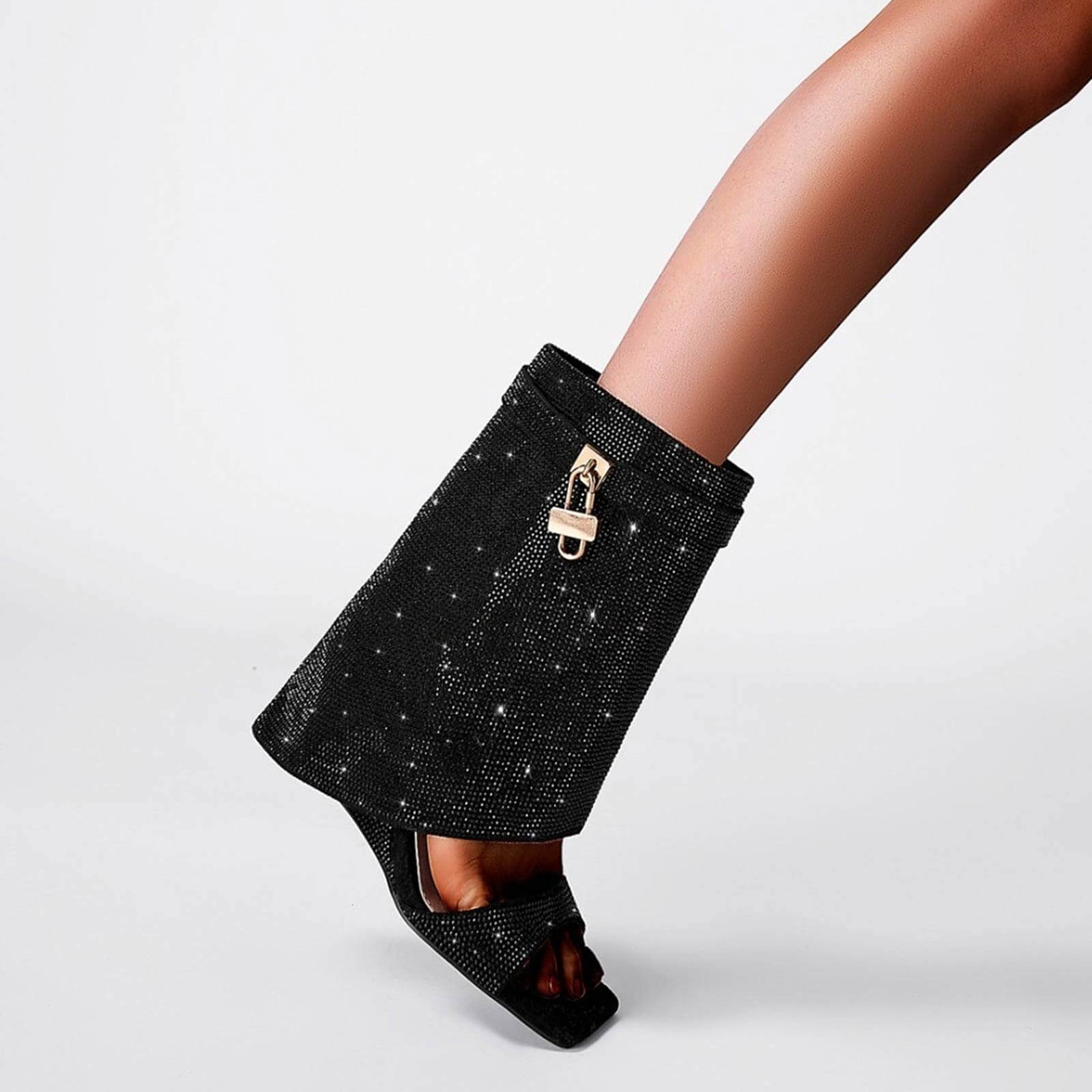 Women's Rhinestones Fold Over Shark Lock Boots