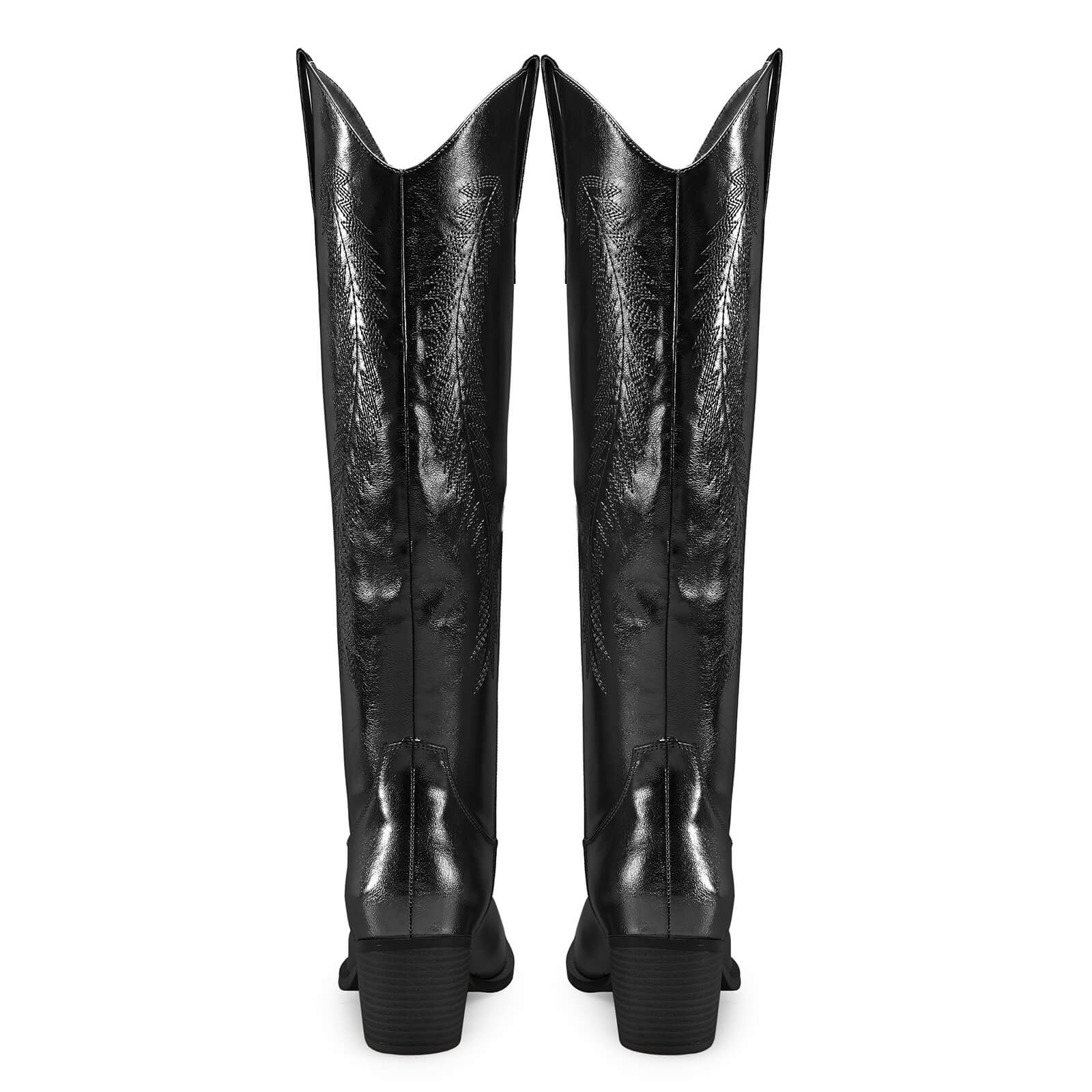 Women's Gold Metallic Knee High Cowboy Boots Embroidered Tall Western Cowgirl Boots Almond Pointed Toe Chunky Heel Wide Wedding Party Boots