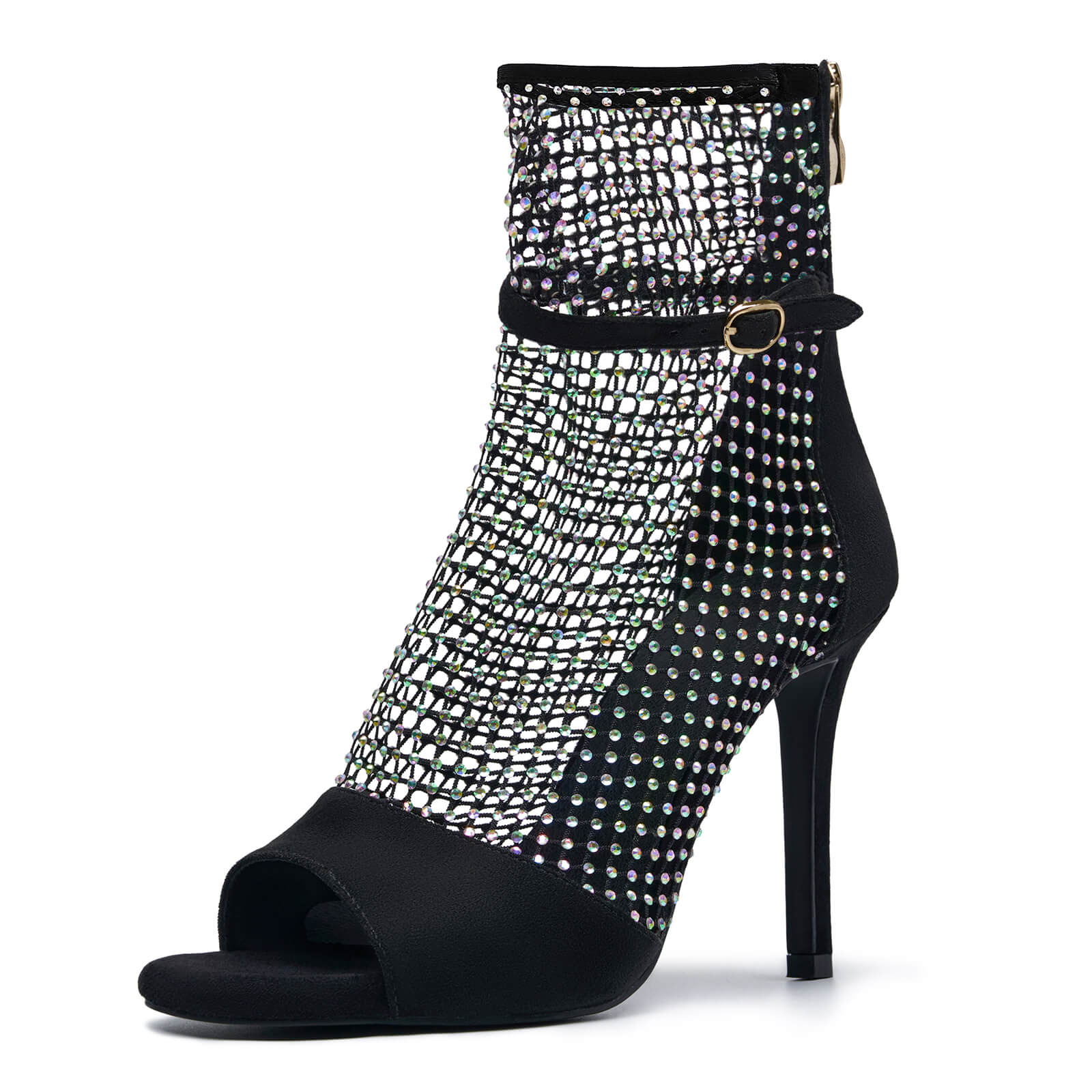 Women's Rhinestone mesh heels net Stiletto High Heels Open toe Crystal Ankle Strap Zip Summer Boots