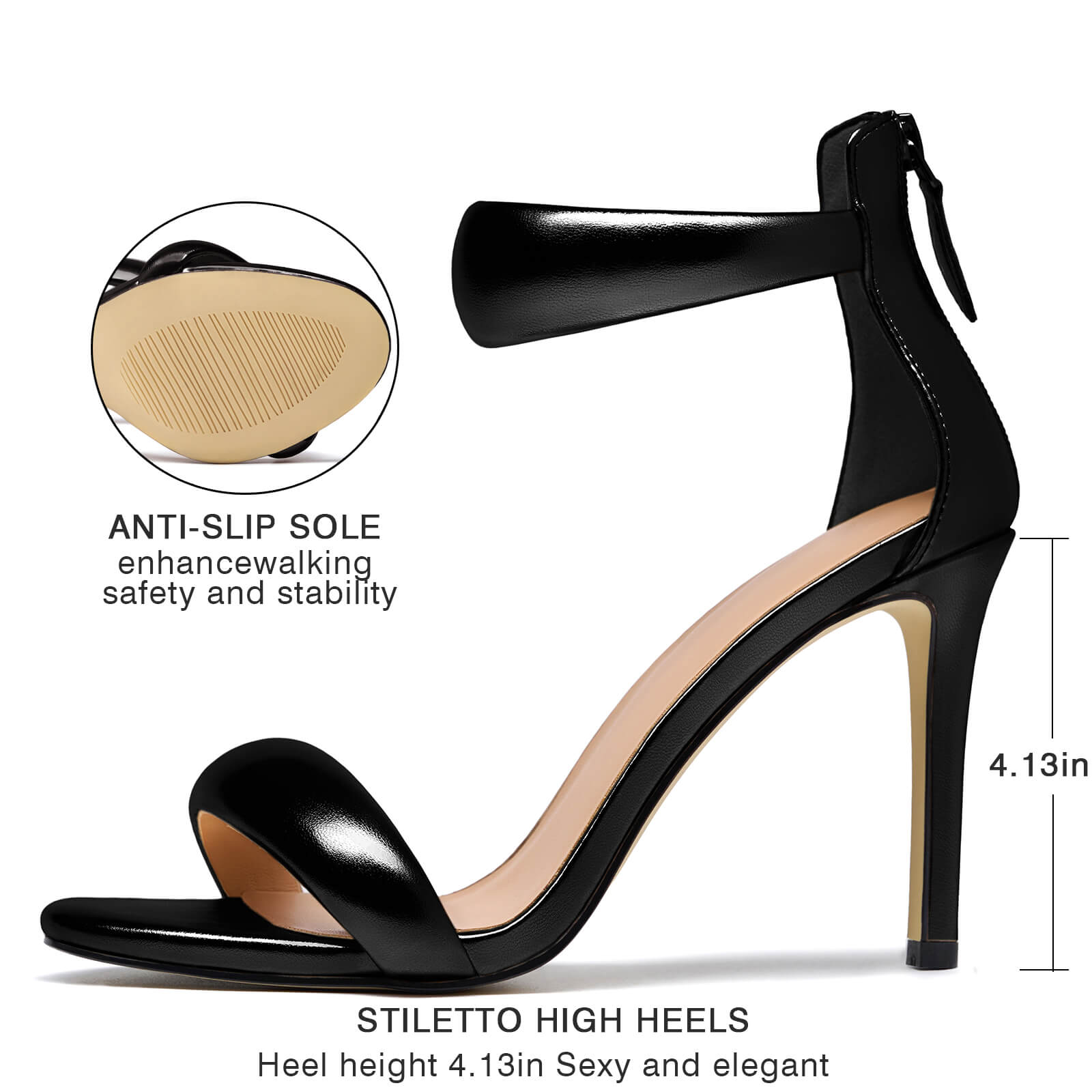 Women's Pump Open Toe Heel Sandals Back Zipper Round Ankle Strappy Stiletto Heels Sparkle Glitter Metallic Party Sexy Wedding Dressy Shoes
