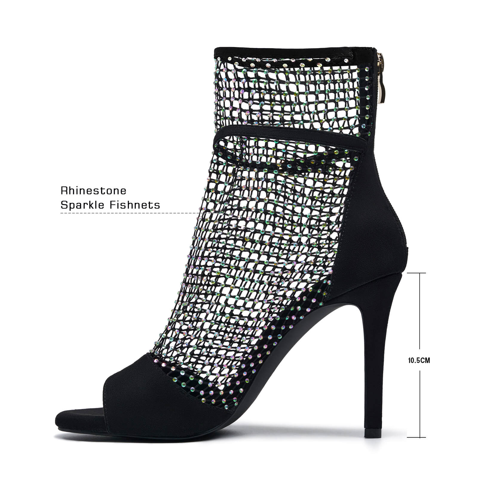 Women's Rhinestone mesh heels net Stiletto High Heels Open toe Crystal Ankle Strap Zip Summer Boots