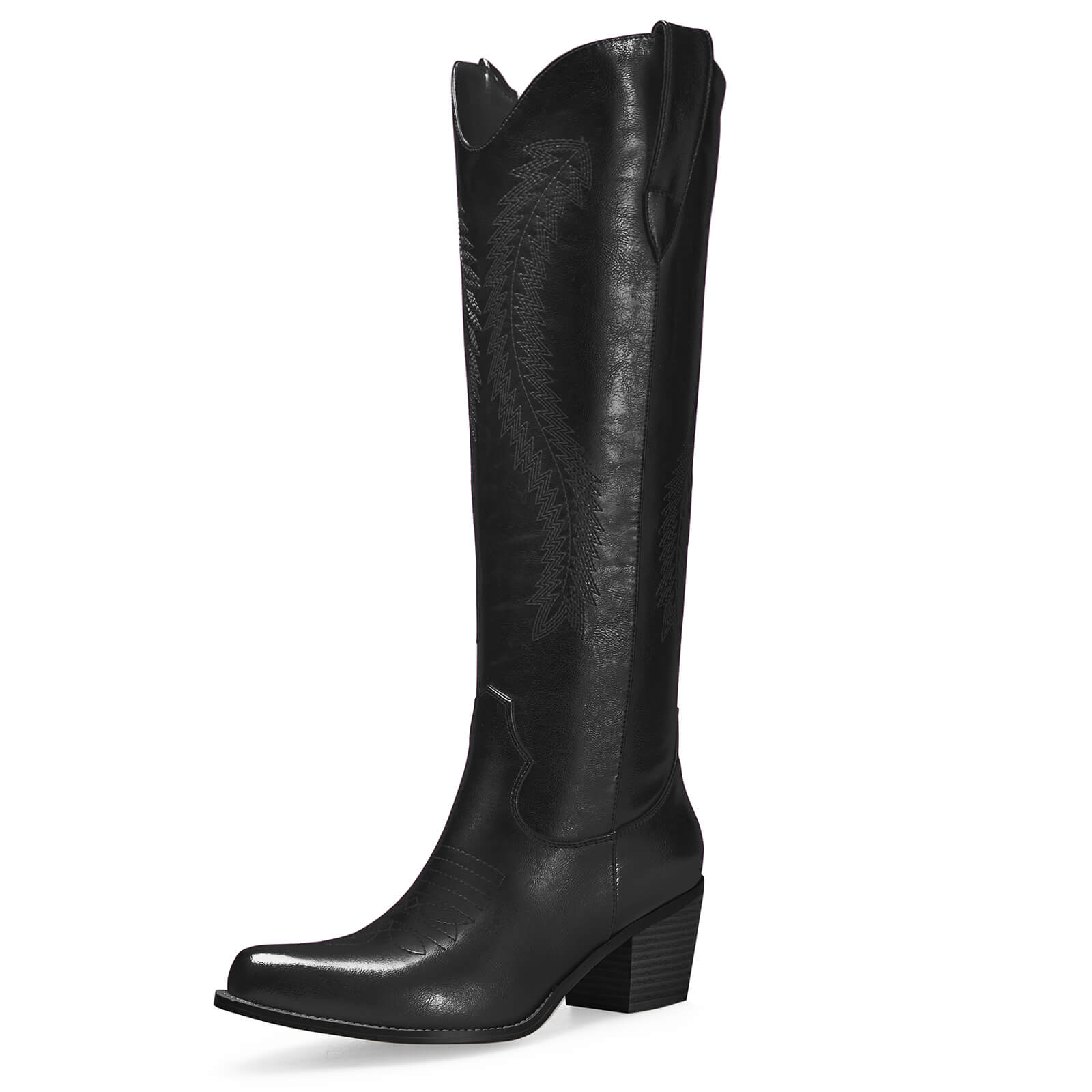 Women's Gold Metallic Knee High Cowboy Boots Embroidered Tall Western Cowgirl Boots Almond Pointed Toe Chunky Heel Wide Wedding Party Boots