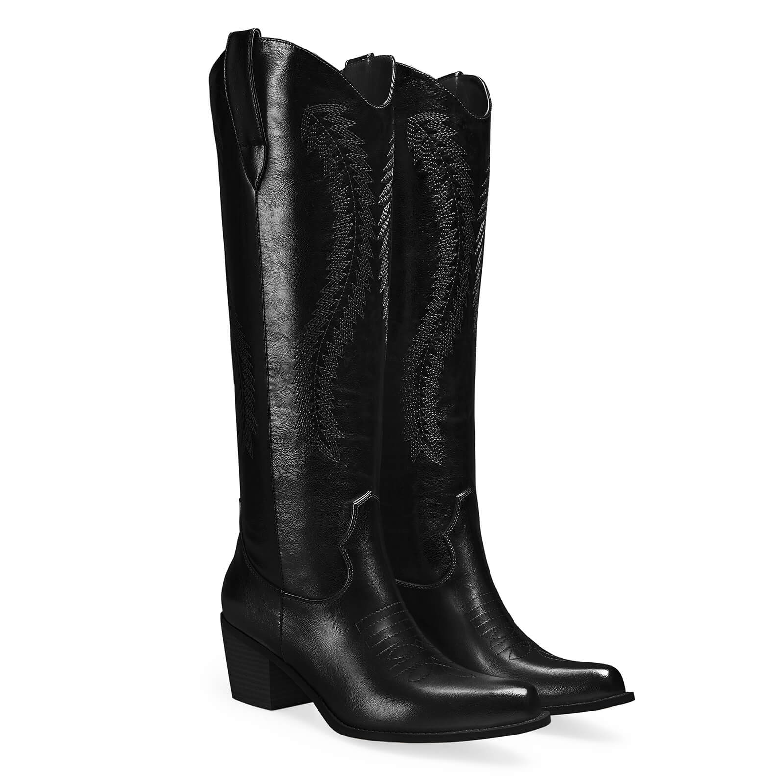 Women's Gold Metallic Knee High Cowboy Boots Embroidered Tall Western Cowgirl Boots Almond Pointed Toe Chunky Heel Wide Wedding Party Boots