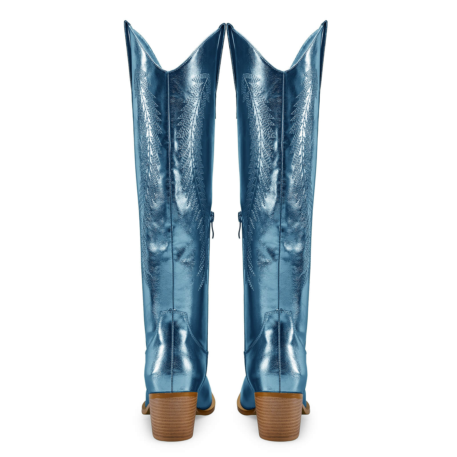 Women's Gold Metallic Knee High Cowboy Boots Embroidered Tall Western Cowgirl Boots Almond Pointed Toe Chunky Heel Wide Wedding Party Boots