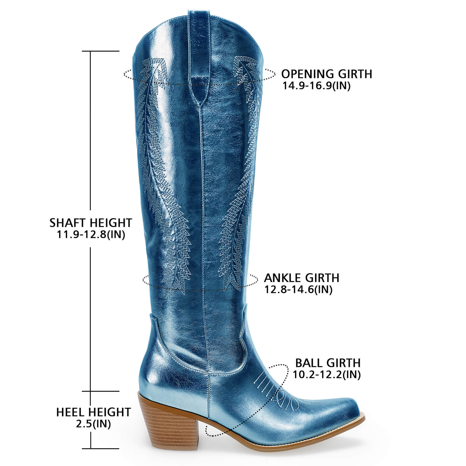 Women's Gold Metallic Knee High Cowboy Boots Embroidered Tall Western Cowgirl Boots Almond Pointed Toe Chunky Heel Wide Wedding Party Boots