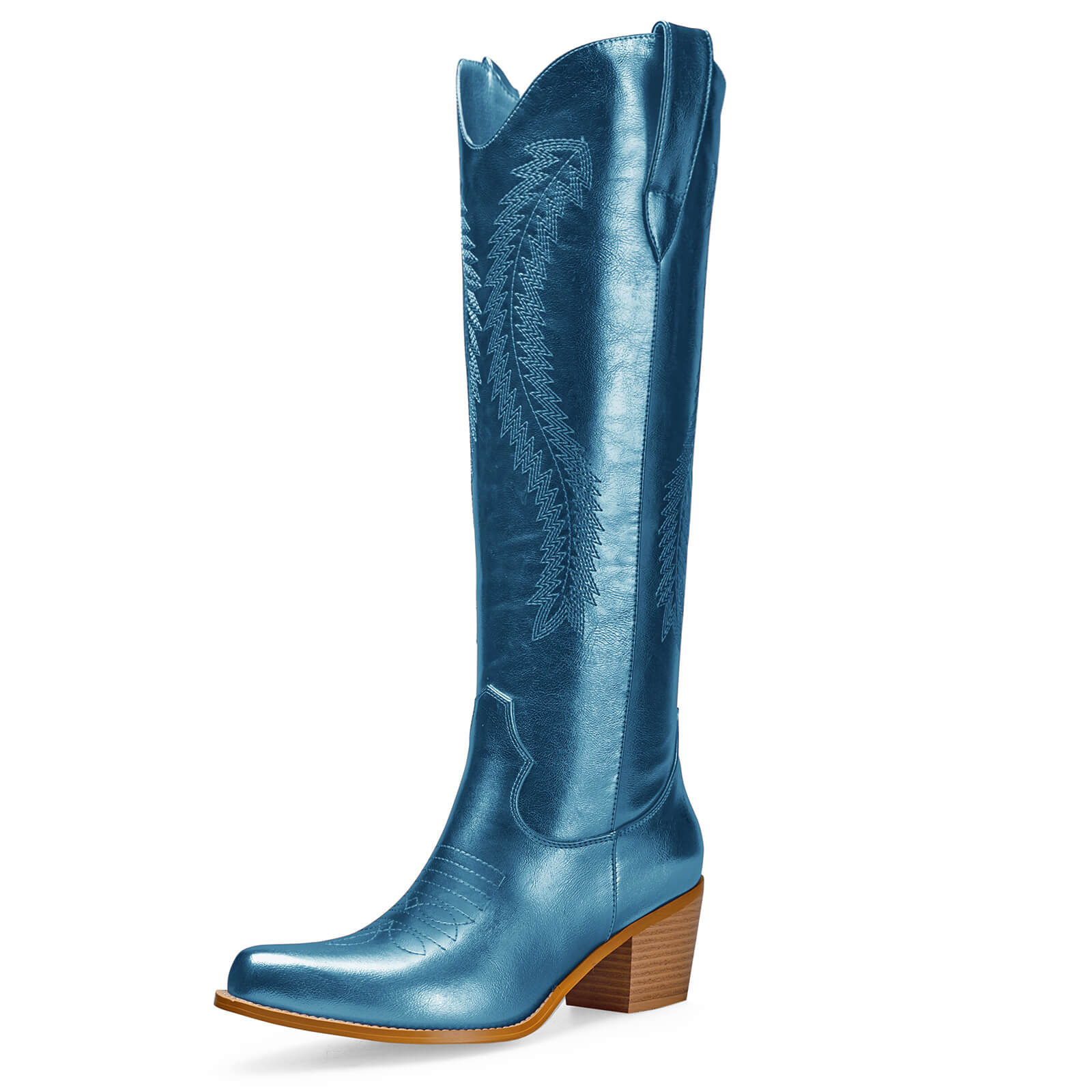 Women's Gold Metallic Knee High Cowboy Boots Embroidered Tall Western Cowgirl Boots Almond Pointed Toe Chunky Heel Wide Wedding Party Boots
