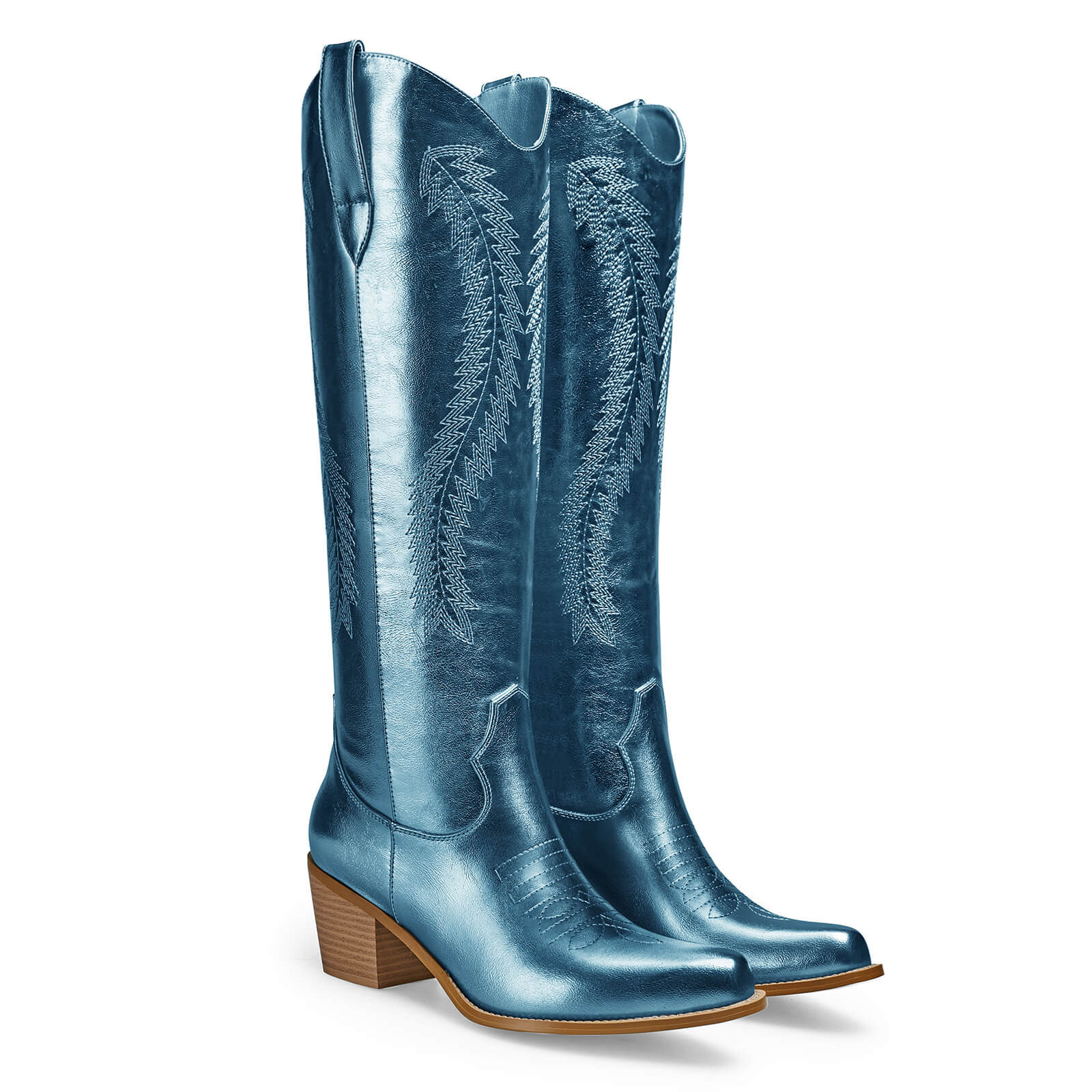 Women's Gold Metallic Knee High Cowboy Boots Embroidered Tall Western Cowgirl Boots Almond Pointed Toe Chunky Heel Wide Wedding Party Boots