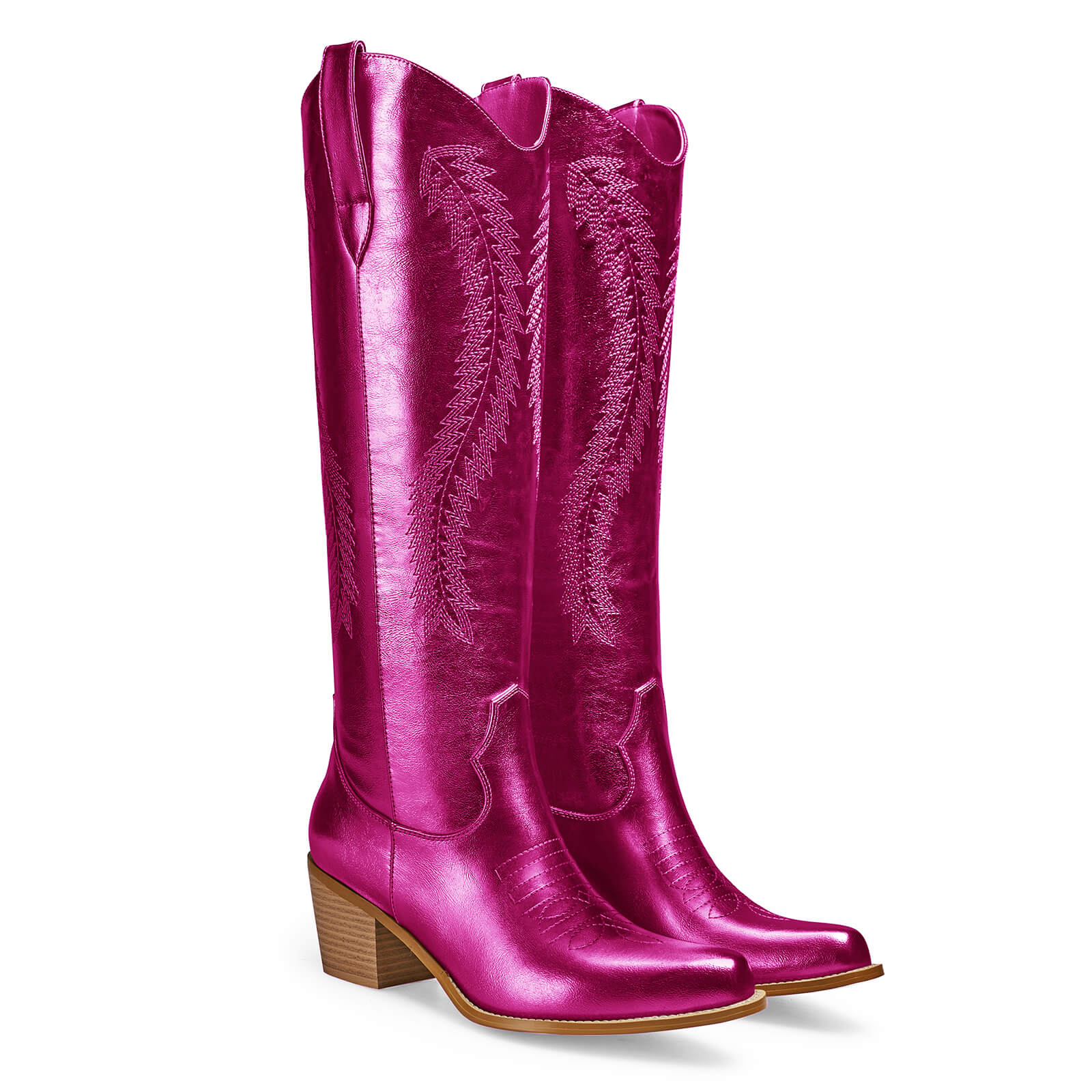Women's Gold Metallic Knee High Cowboy Boots Embroidered Tall Western Cowgirl Boots Almond Pointed Toe Chunky Heel Wide Wedding Party Boots