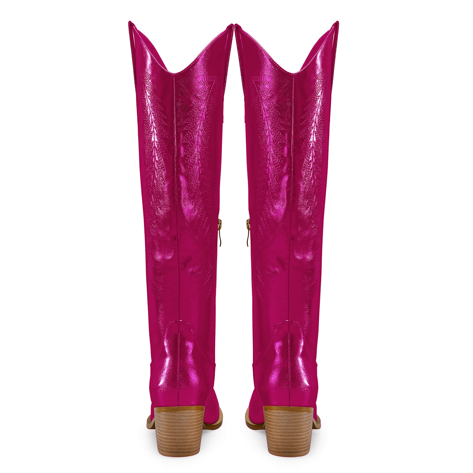 Women's Gold Metallic Knee High Cowboy Boots Embroidered Tall Western Cowgirl Boots Almond Pointed Toe Chunky Heel Wide Wedding Party Boots