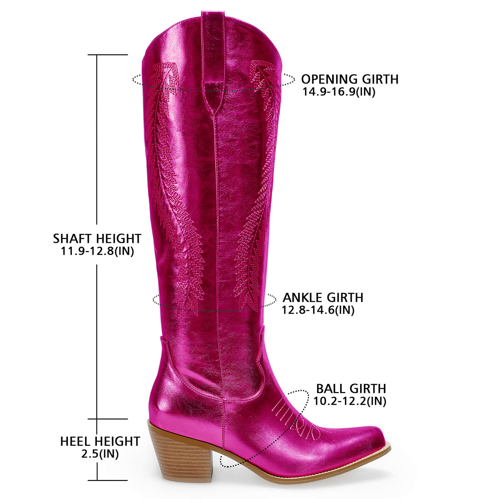 Women's Gold Metallic Knee High Cowboy Boots Embroidered Tall Western Cowgirl Boots Almond Pointed Toe Chunky Heel Wide Wedding Party Boots