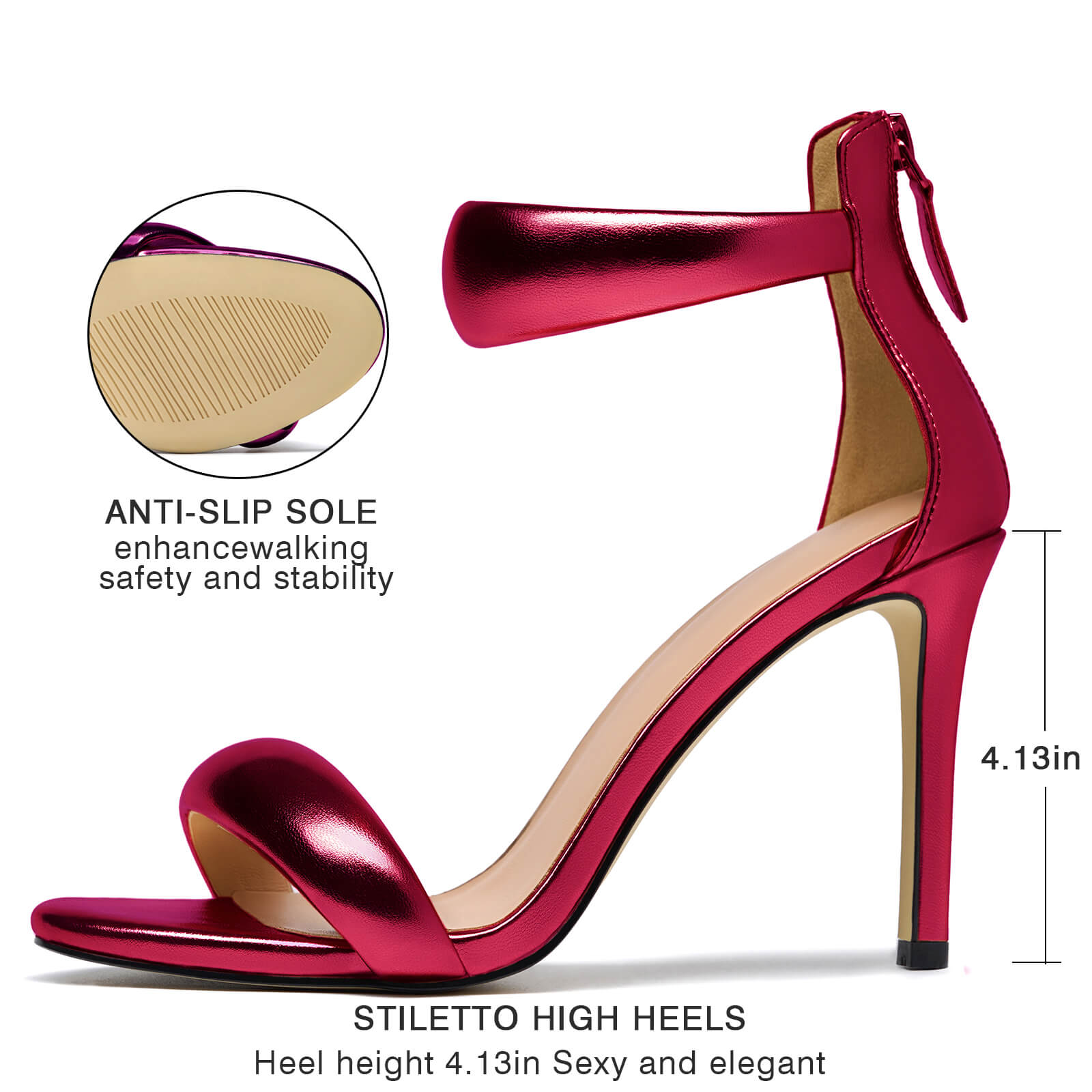 Women's Pump Open Toe Heel Sandals Back Zipper Round Ankle Strappy Stiletto Heels Sparkle Glitter Metallic Party Sexy Wedding Dressy Shoes