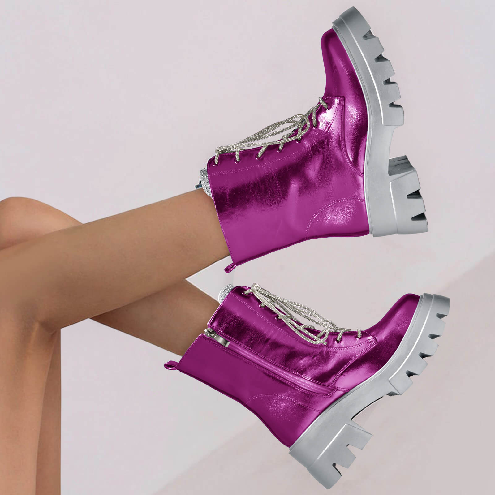 Women's Metallic Round Toe Lace up Boots