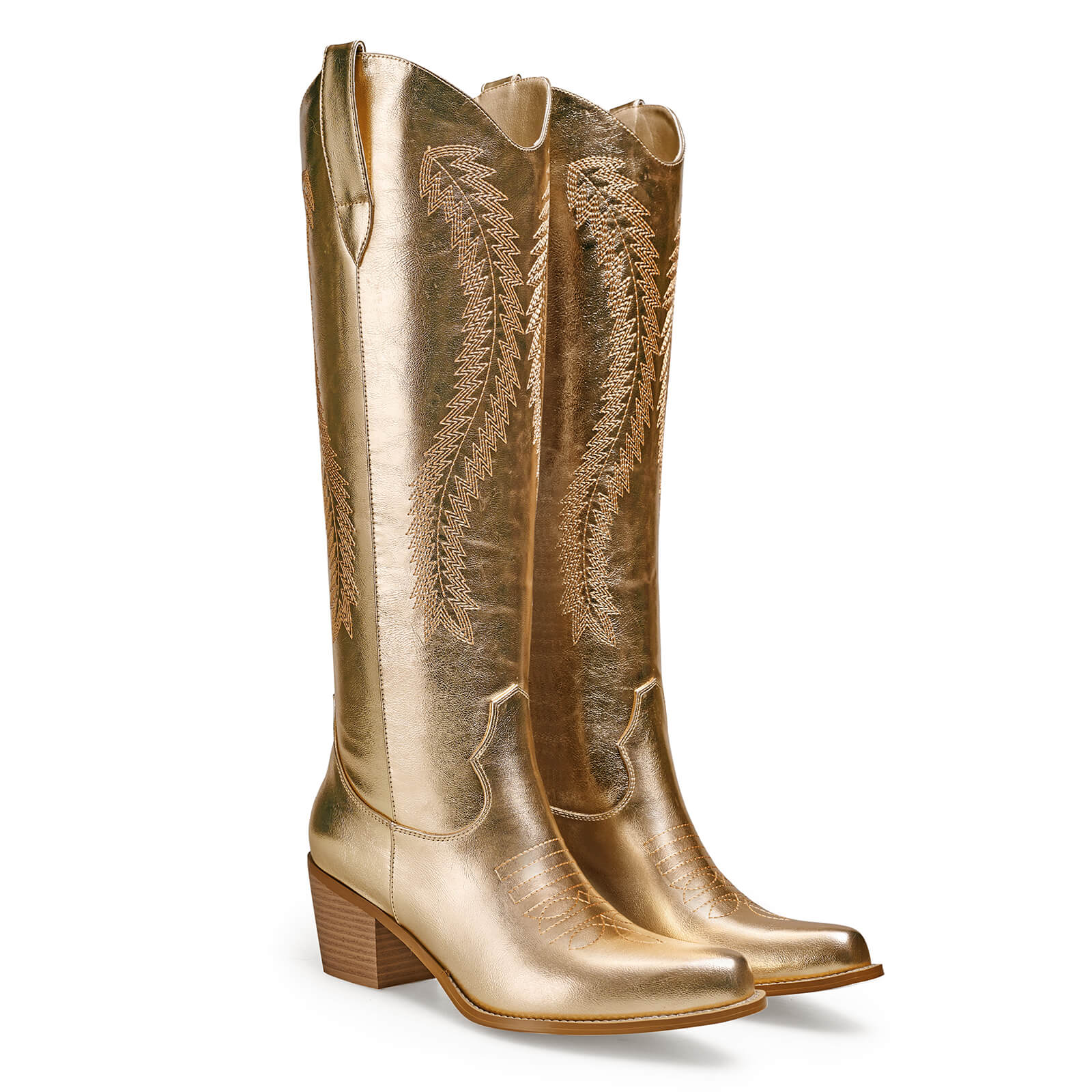 Women's Gold Metallic Knee High Cowboy Boots Embroidered Tall Western Cowgirl Boots Almond Pointed Toe Chunky Heel Wide Wedding Party Boots